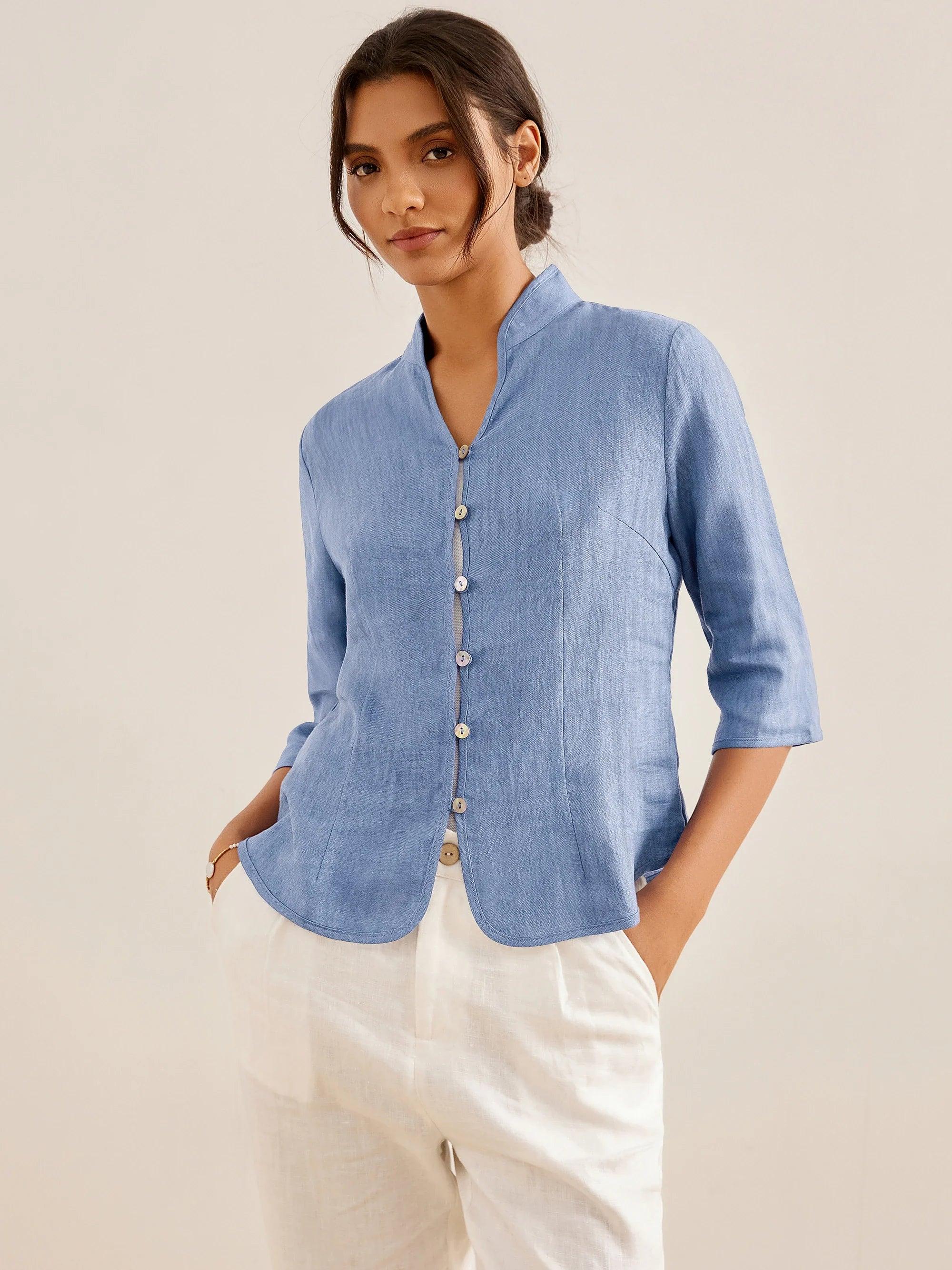 100% Leinen Handknopf Fitted Jacke AMELIA