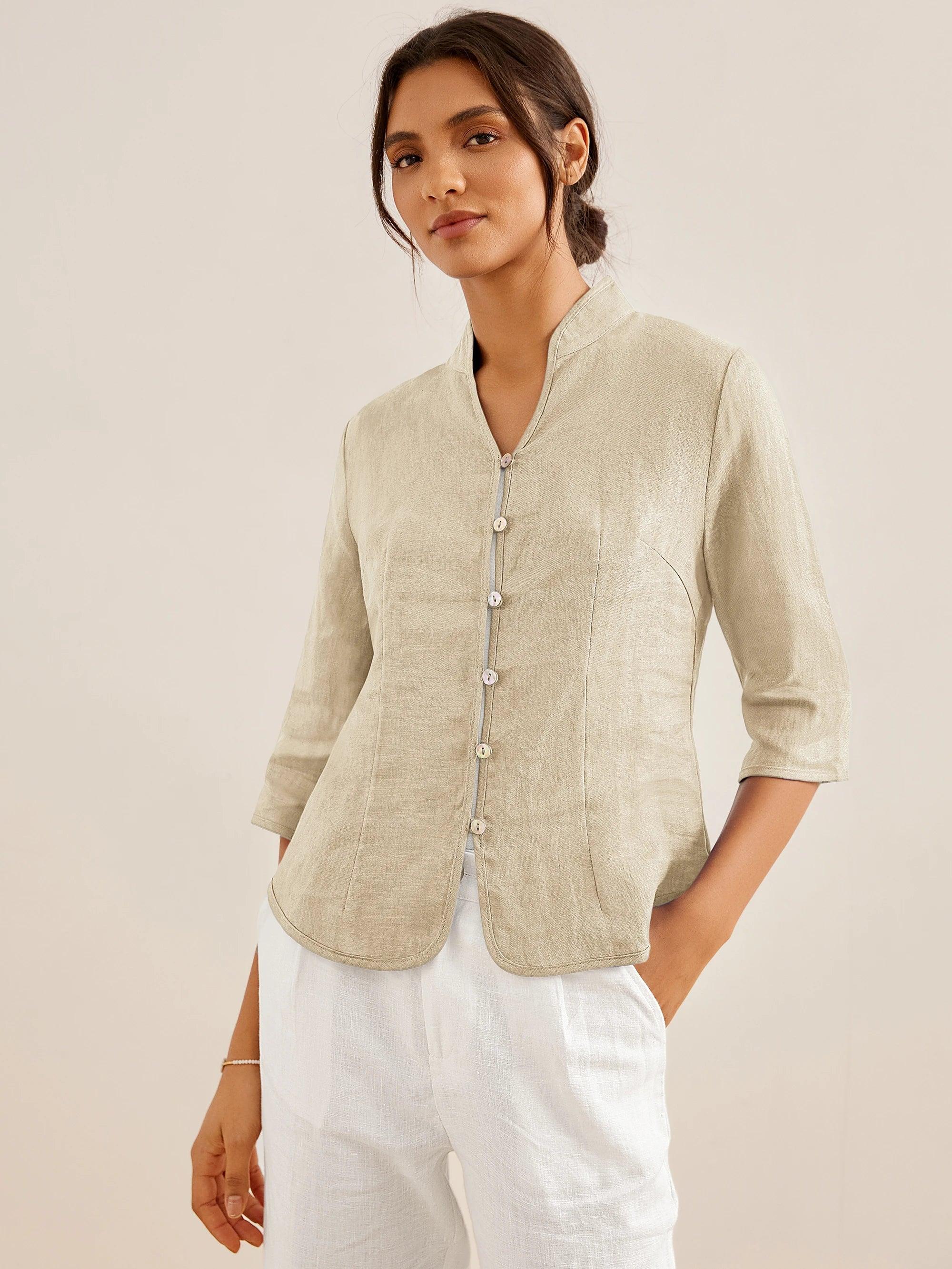 100% Leinen Handknopf Fitted Jacke AMELIA