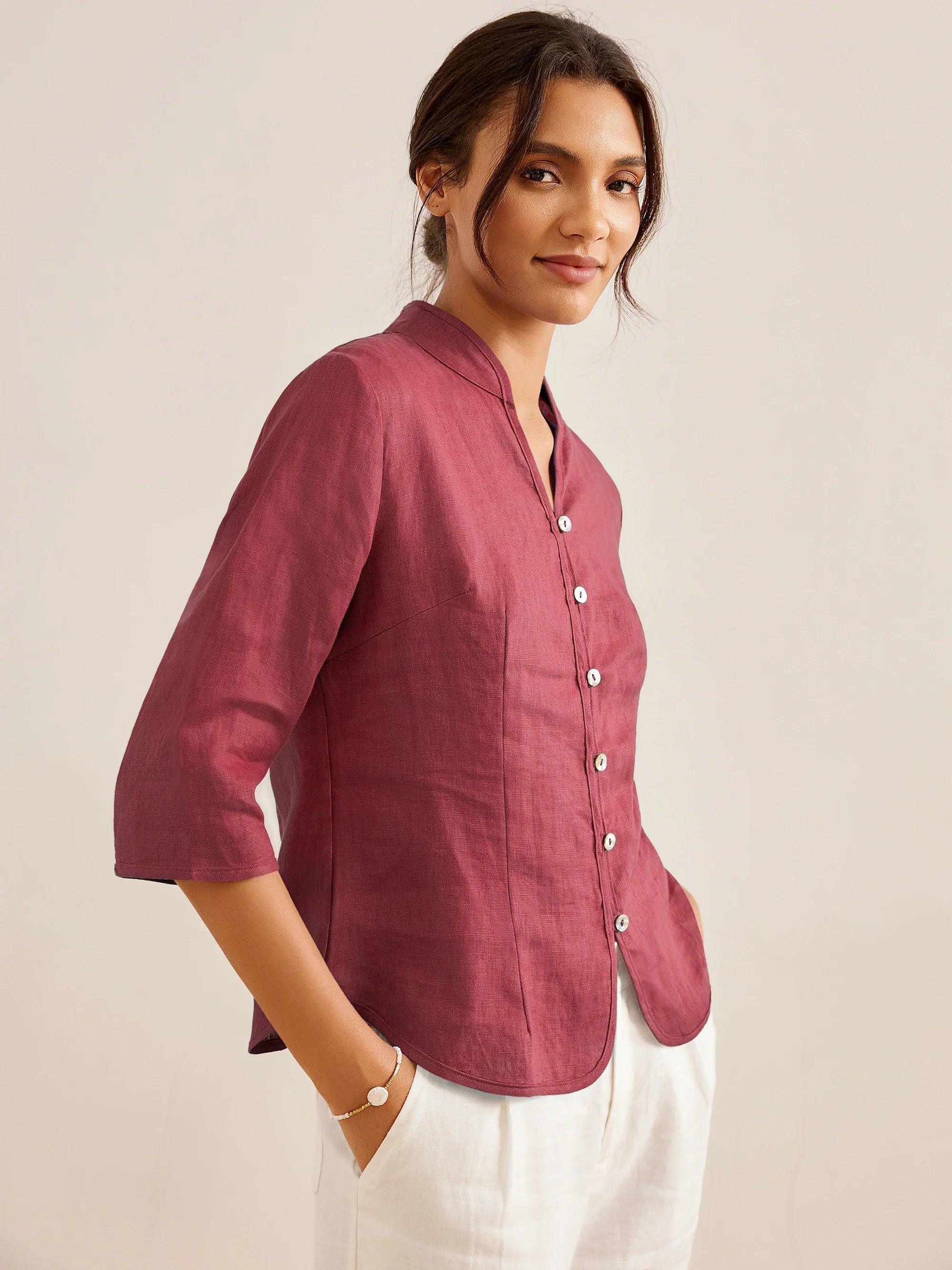 100% Leinen Handknopf Fitted Jacke AMELIA