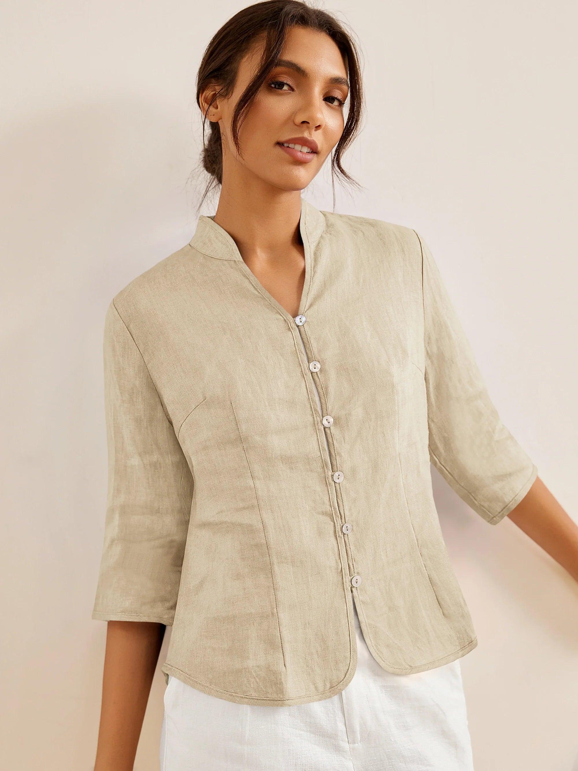 100% Leinen Handknopf Fitted Jacke AMELIA
