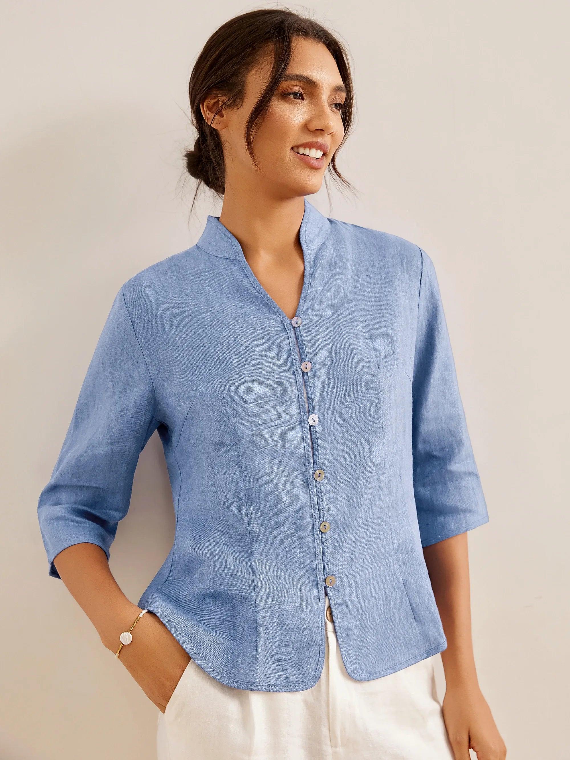 100% Leinen Handknopf Fitted Jacke AMELIA