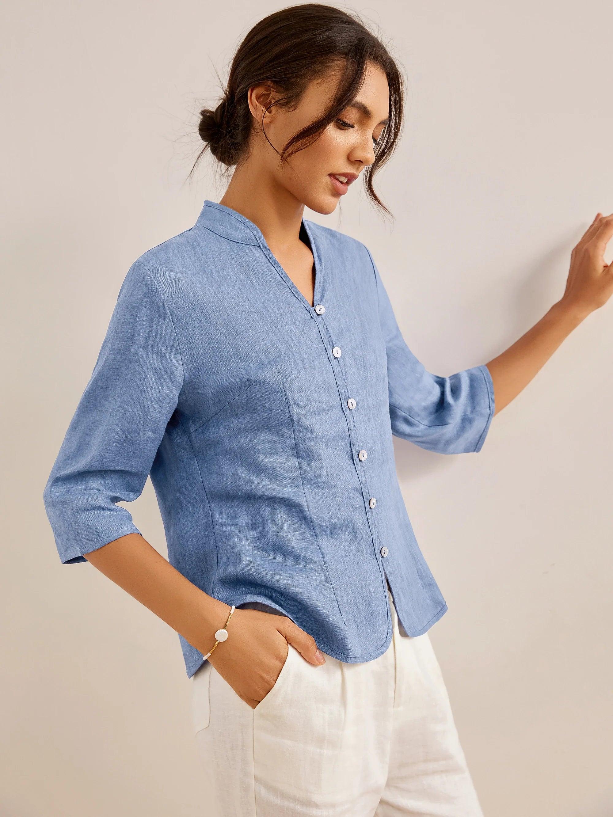 100% Leinen Handknopf Fitted Jacke AMELIA