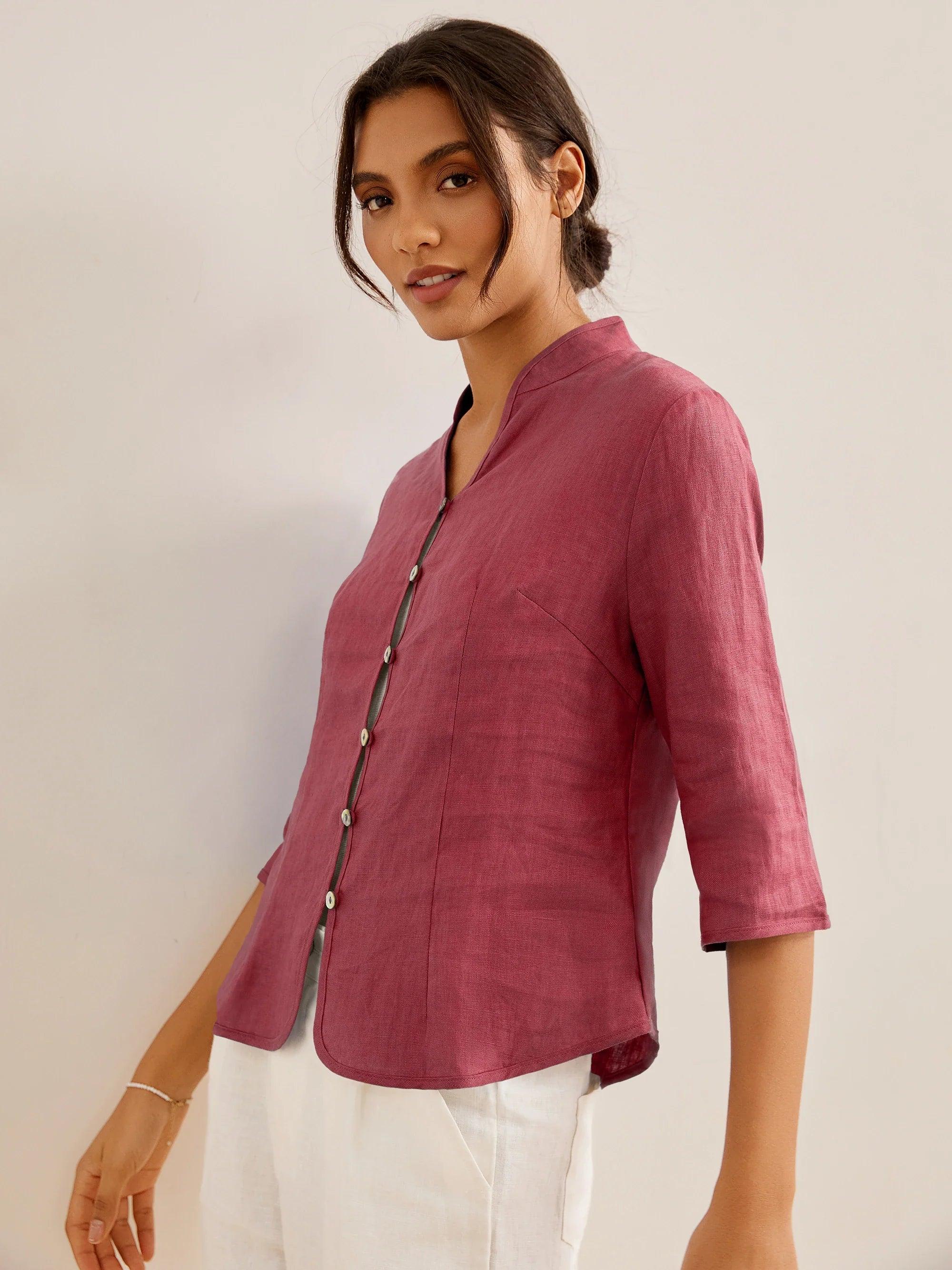 100% Leinen Handknopf Fitted Jacke AMELIA