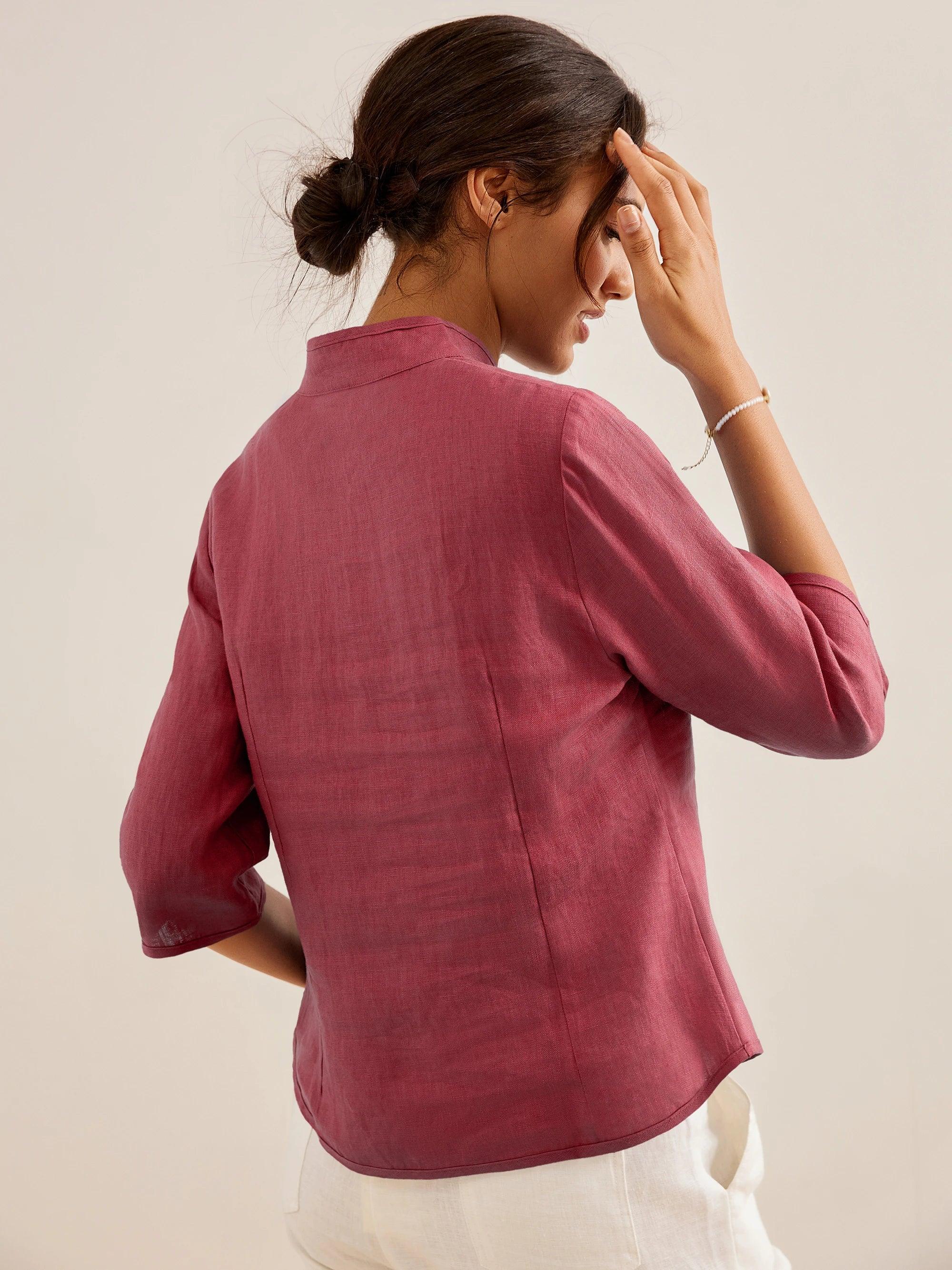 100% Leinen Handknopf Fitted Jacke AMELIA