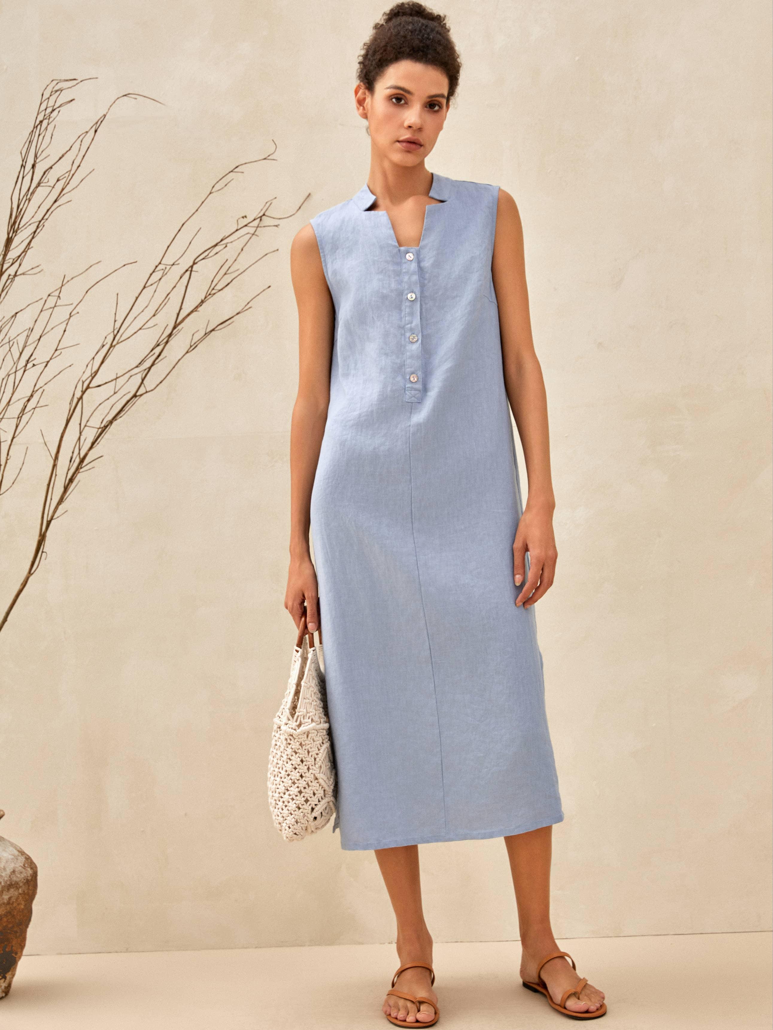 100% Leinen Ärmelloses Gerades Maxikleid mit Hohem Schlitz TAYLOR