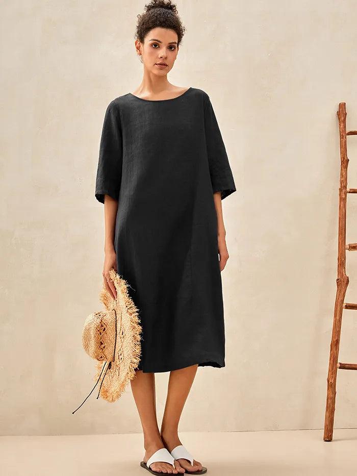 100% Leinen Kragenloses Midikleid SOFIA