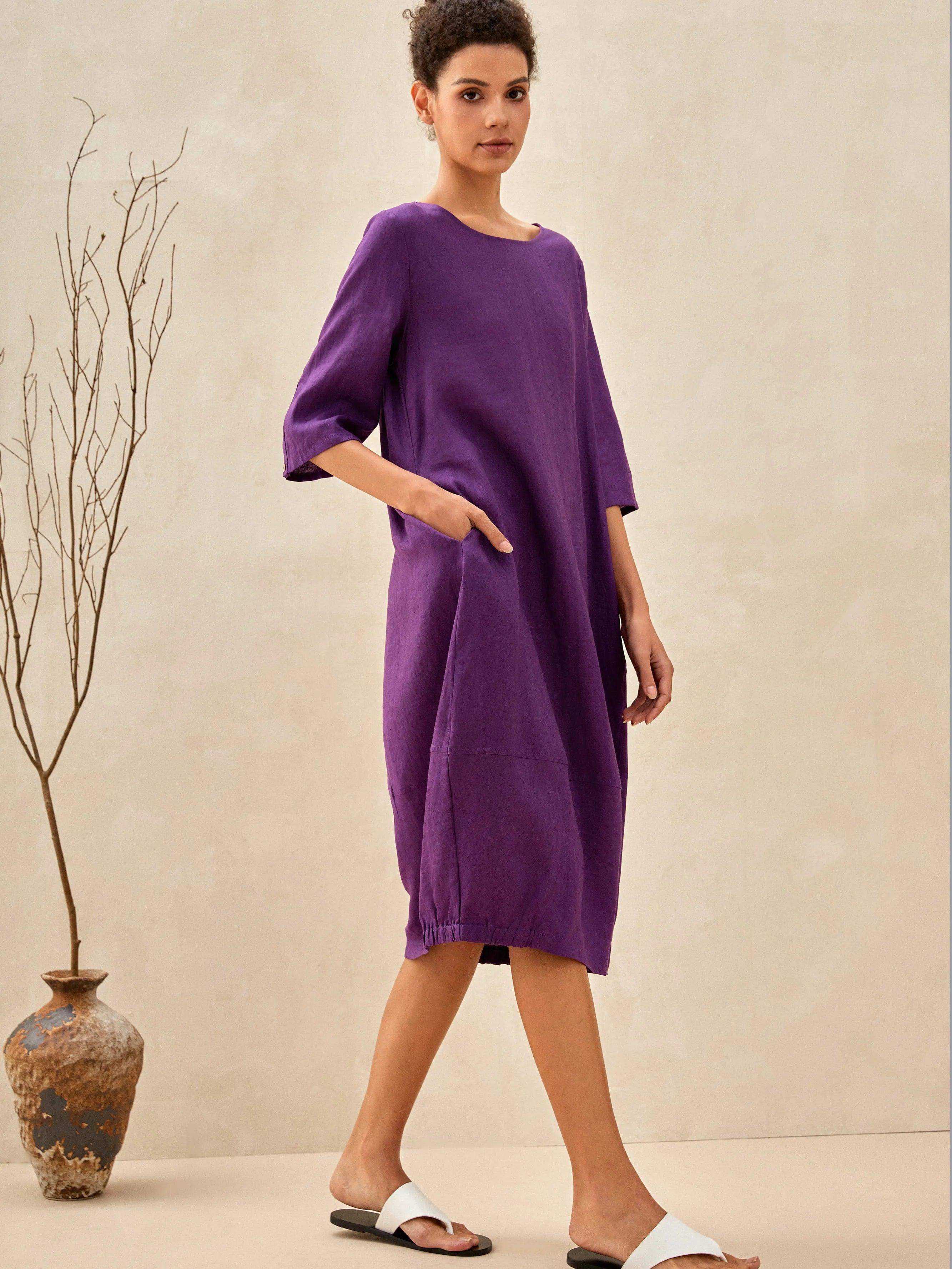 100% Leinen Kragenloses Midikleid SOFIA