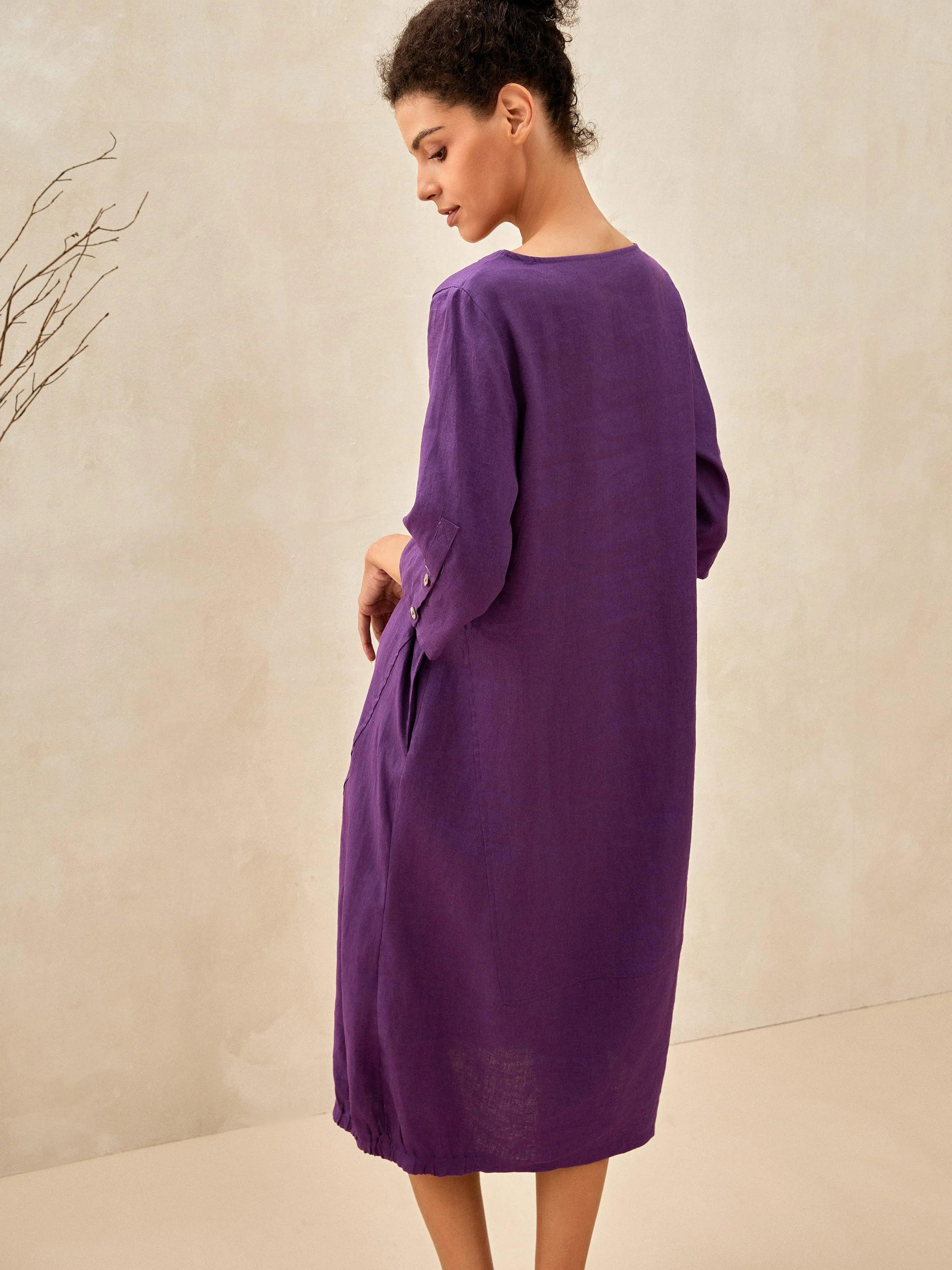 100% Leinen Kragenloses Midikleid SOFIA