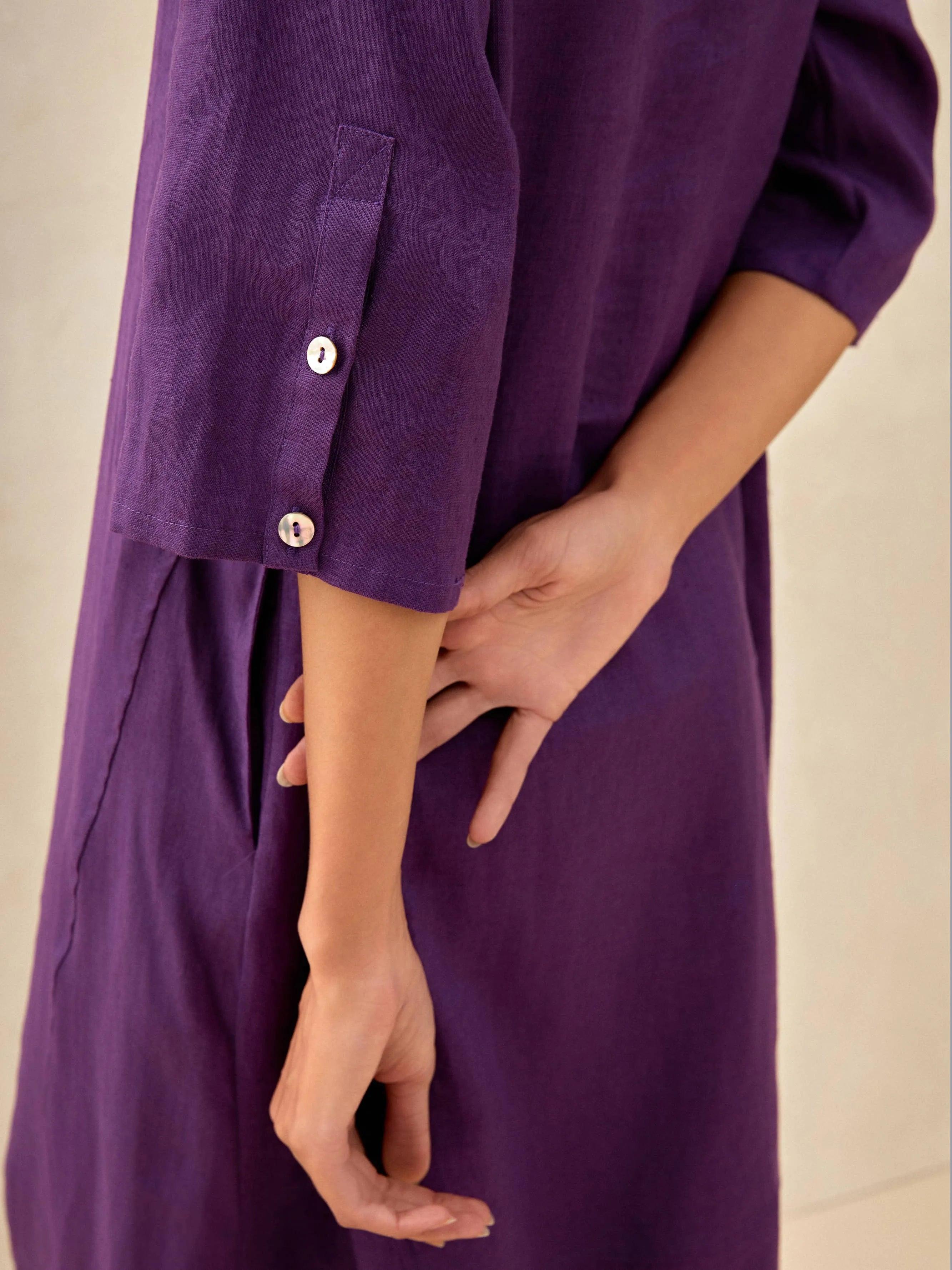 100% Leinen Kragenloses Midikleid SOFIA
