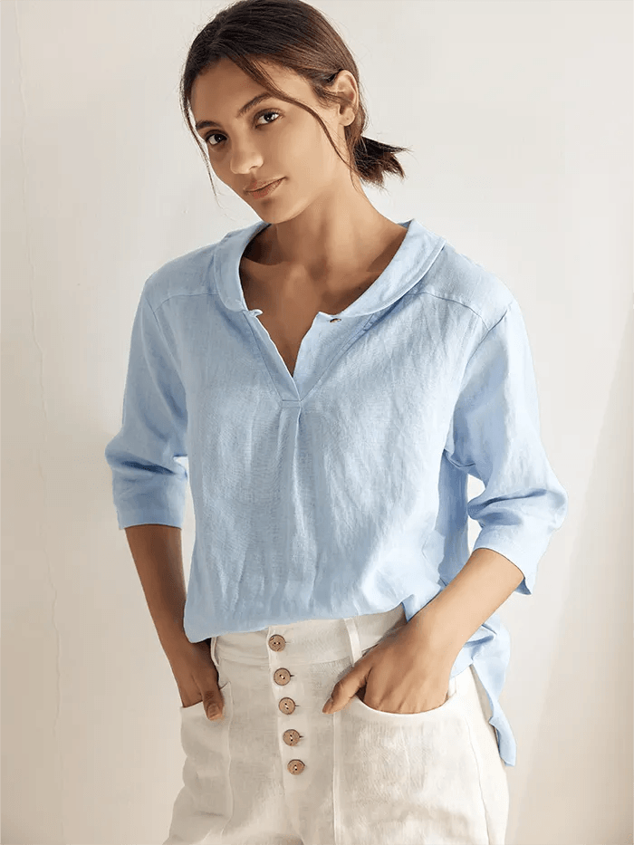 100% Leinen Schal V-Ausschnitt Halbarm Top JADE