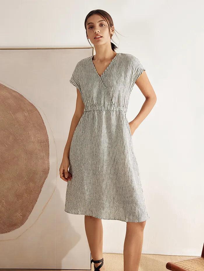 100 % Leinen gestreiftes Midi-Kleid mit elastischem Bund ARIA