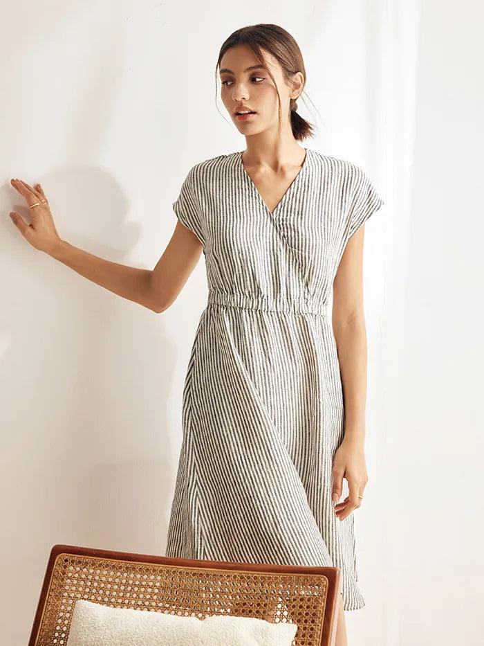 100 % Leinen gestreiftes Midi-Kleid mit elastischem Bund ARIA