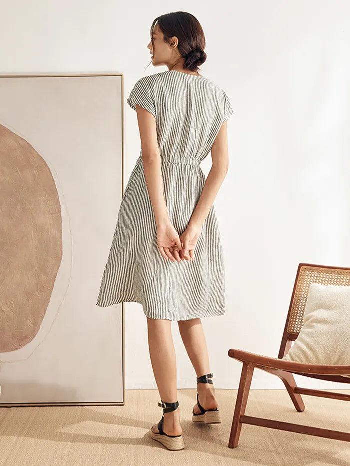 100 % Leinen gestreiftes Midi-Kleid mit elastischem Bund ARIA