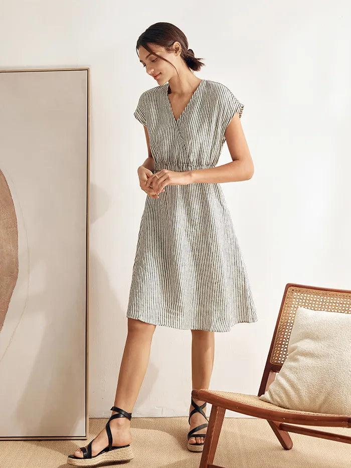 100 % Leinen gestreiftes Midi-Kleid mit elastischem Bund ARIA