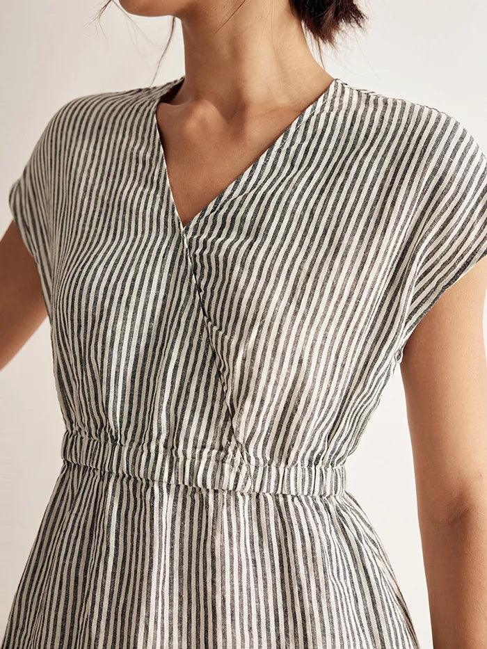 100 % Leinen gestreiftes Midi-Kleid mit elastischem Bund ARIA