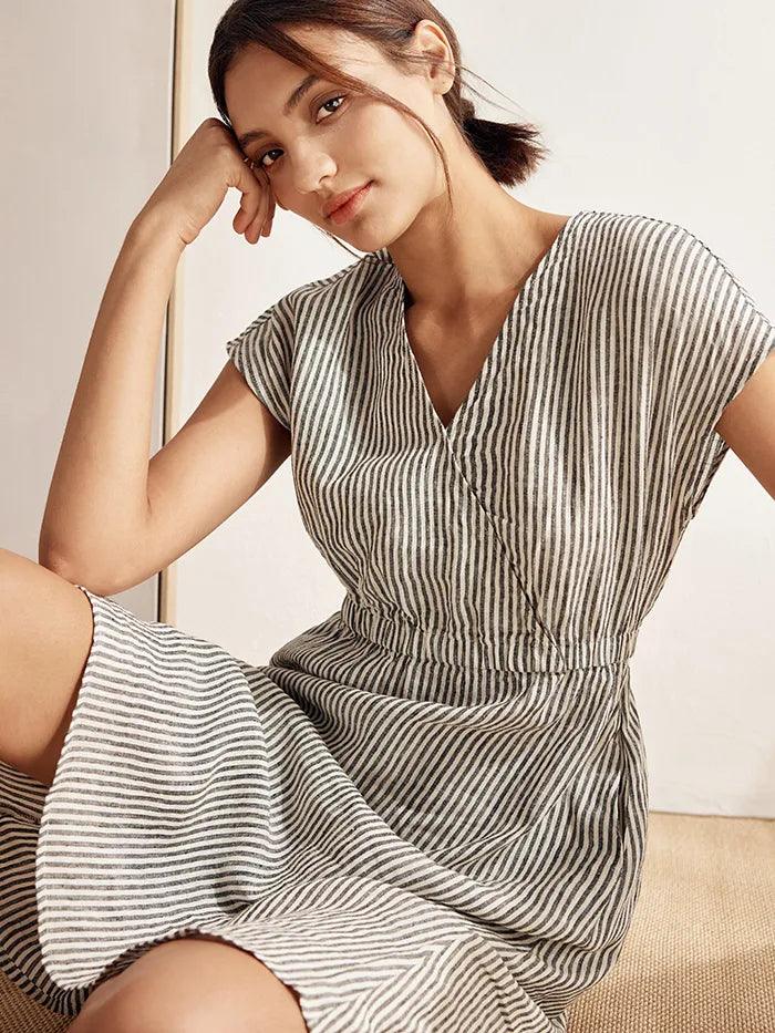 100 % Leinen gestreiftes Midi-Kleid mit elastischem Bund ARIA