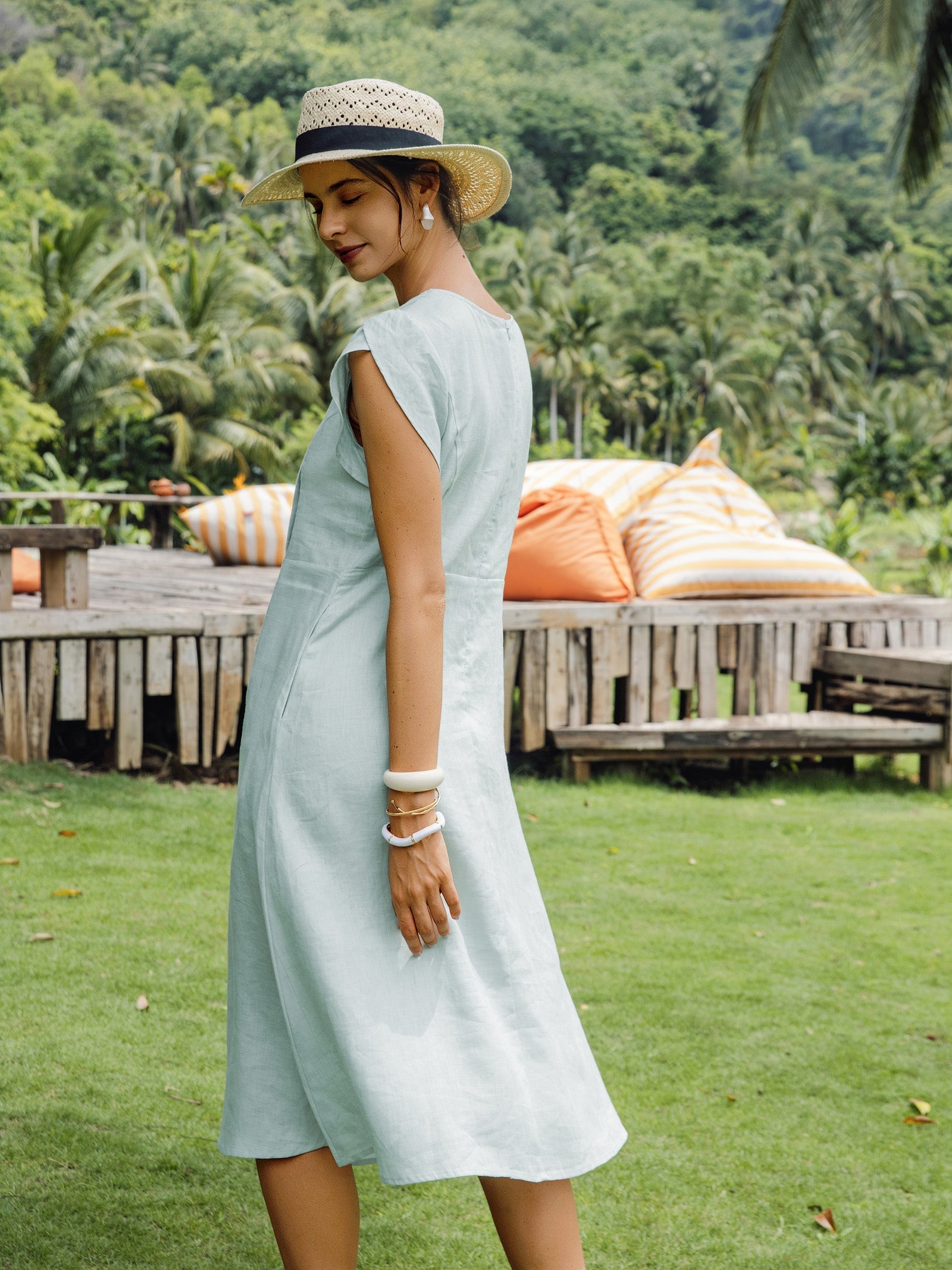 100% Leinen Halbmondkragen Flatterärmel Midi Kleid FIONA
