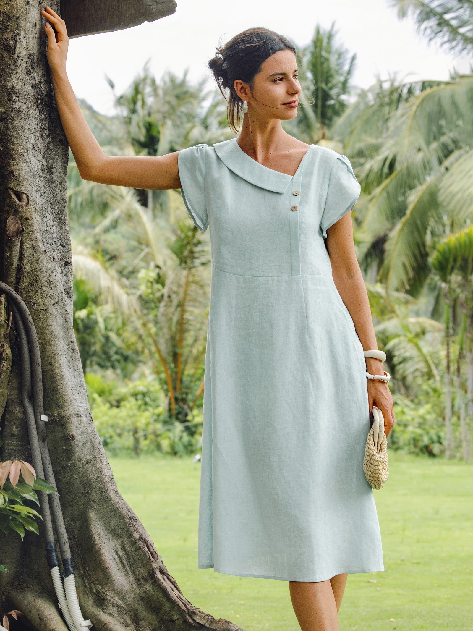 100% Leinen Halbmondkragen Flatterärmel Midi Kleid FIONA