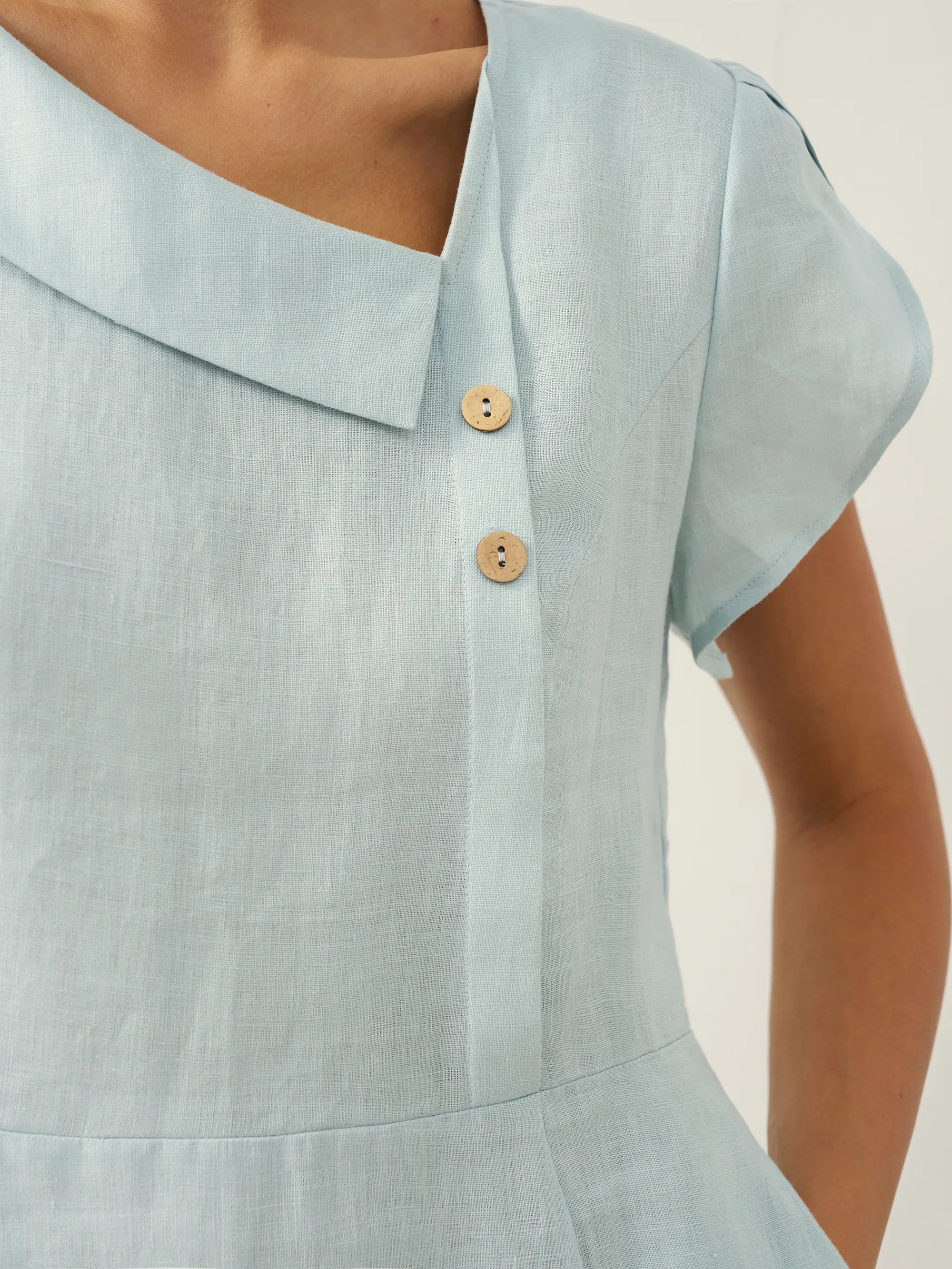 100% Leinen Halbmondkragen Flatterärmel Midi Kleid FIONA