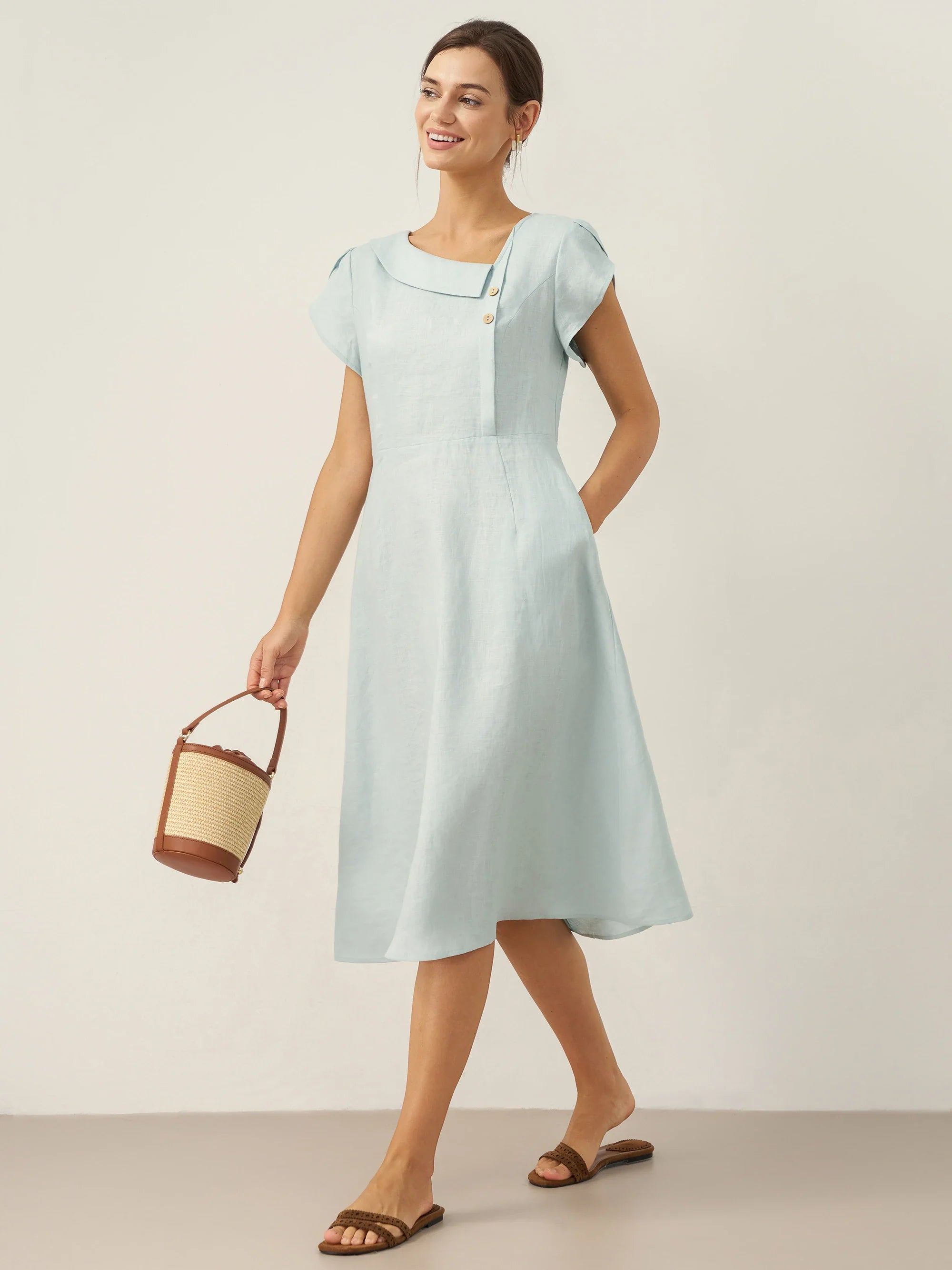 100% Leinen Halbmondkragen Flatterärmel Midi Kleid FIONA
