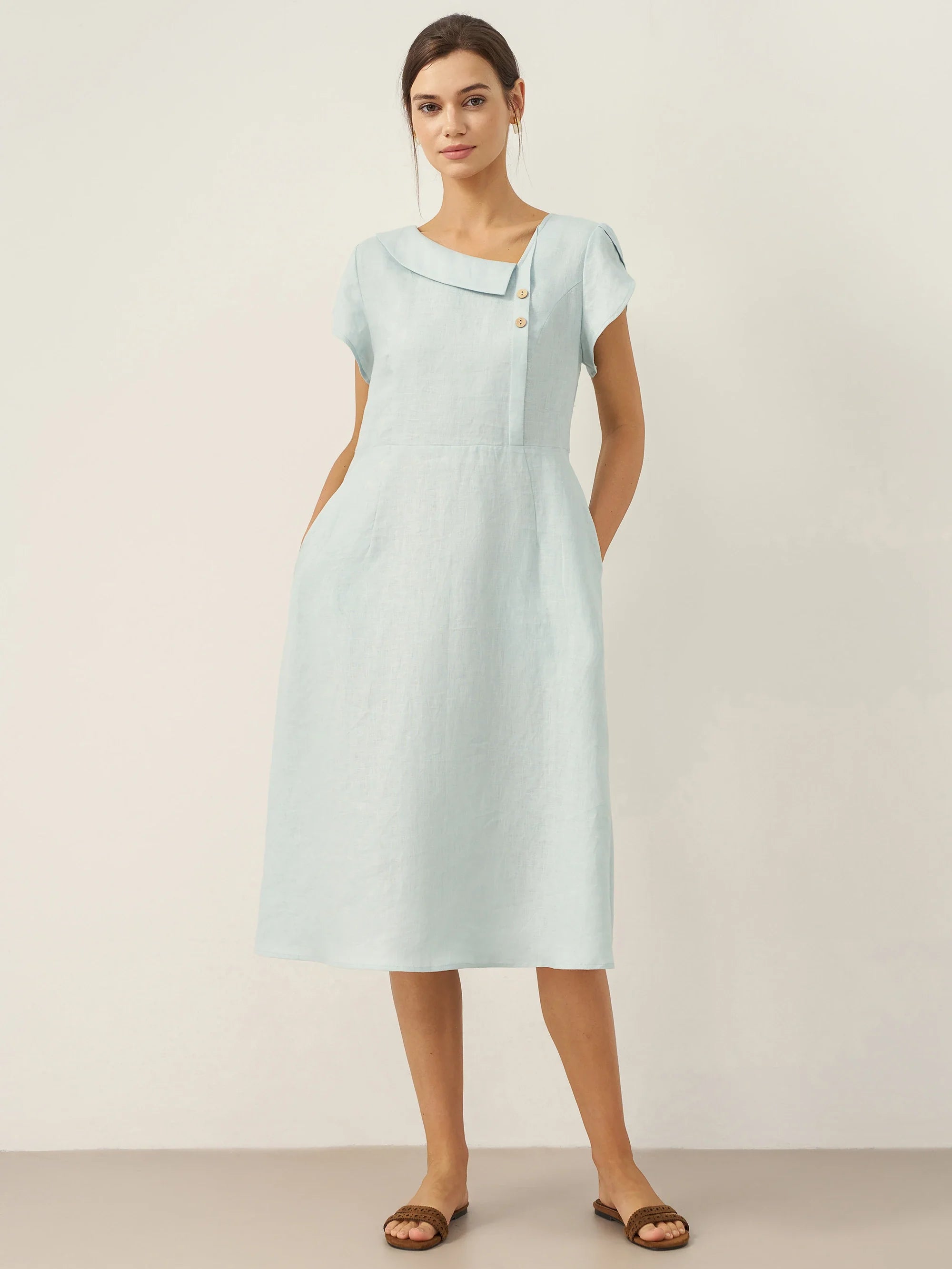 100% Leinen Halbmondkragen Flatterärmel Midi Kleid FIONA