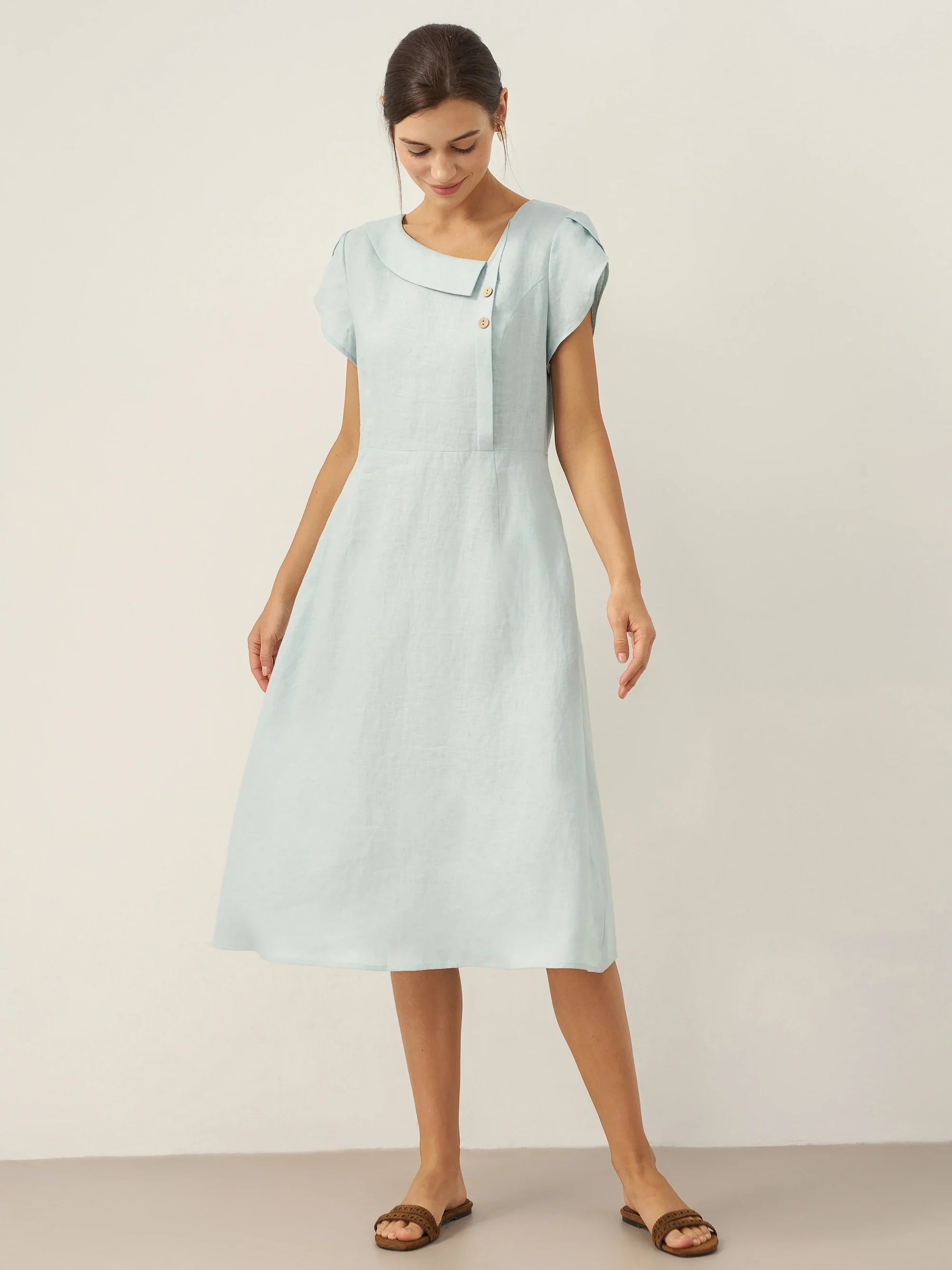 100% Leinen Halbmondkragen Flatterärmel Midi Kleid FIONA