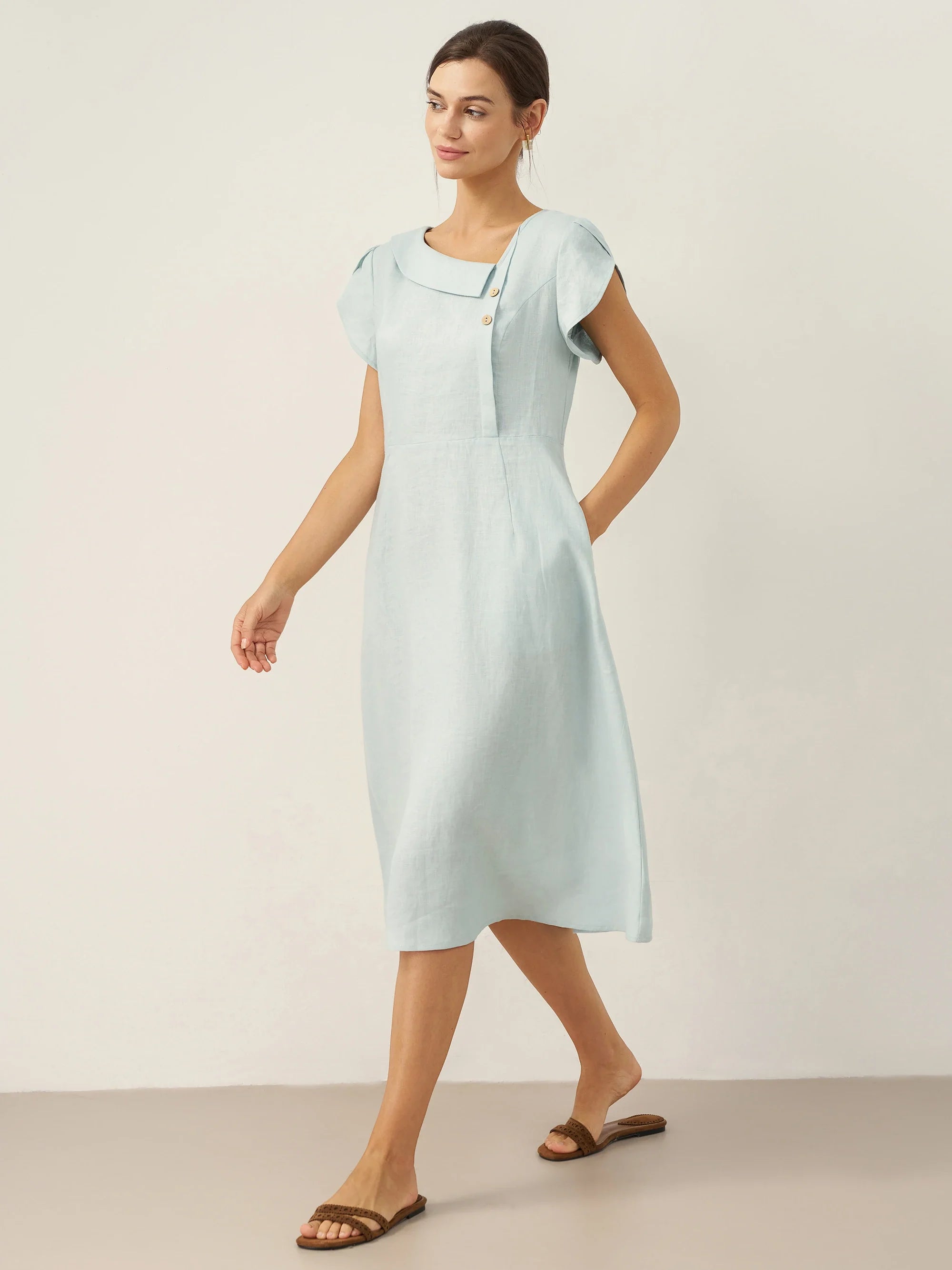 100% Leinen Halbmondkragen Flatterärmel Midi Kleid FIONA
