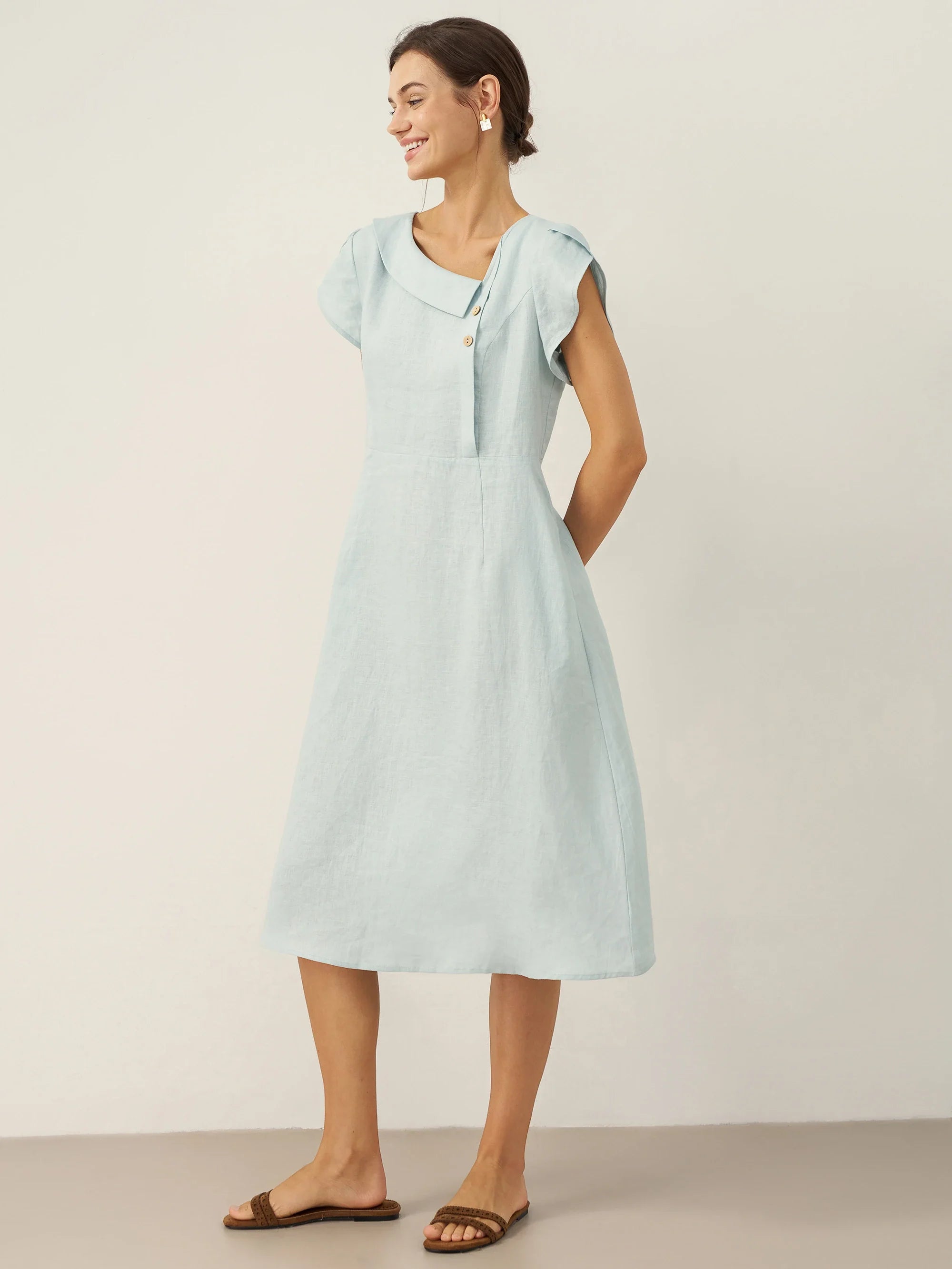 100% Leinen Halbmondkragen Flatterärmel Midi Kleid FIONA