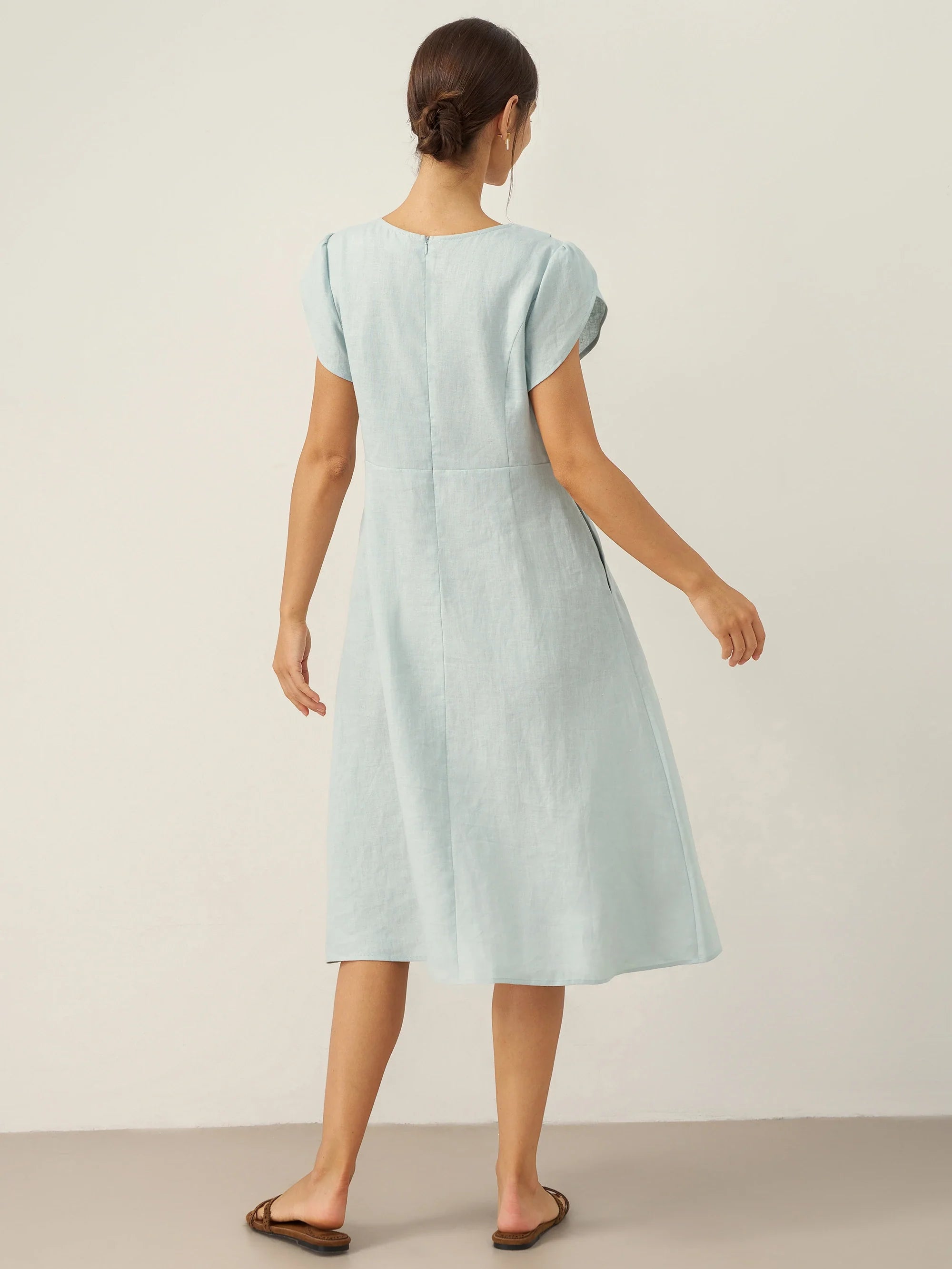 100% Leinen Halbmondkragen Flatterärmel Midi Kleid FIONA