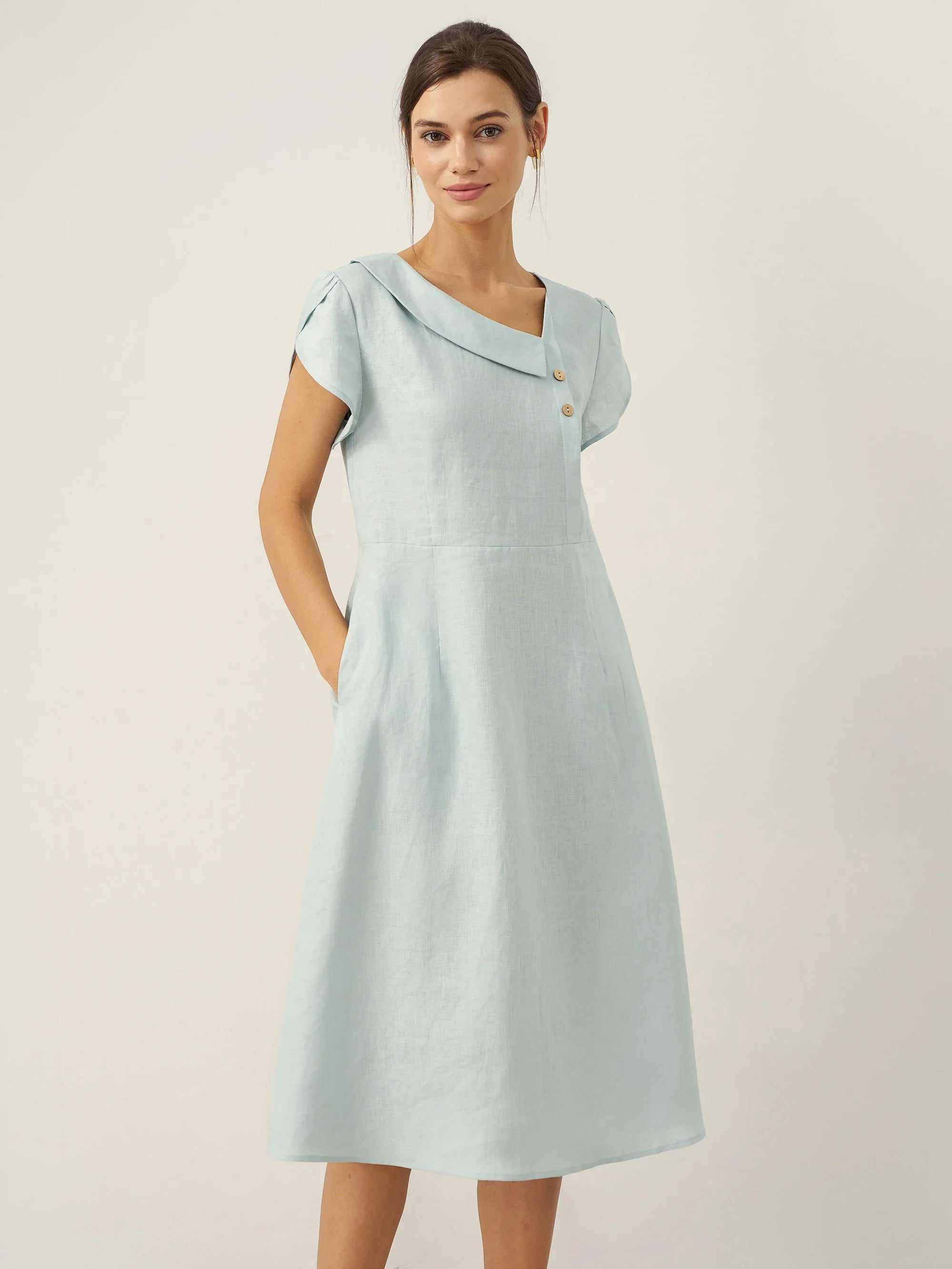 100% Leinen Halbmondkragen Flatterärmel Midi Kleid FIONA