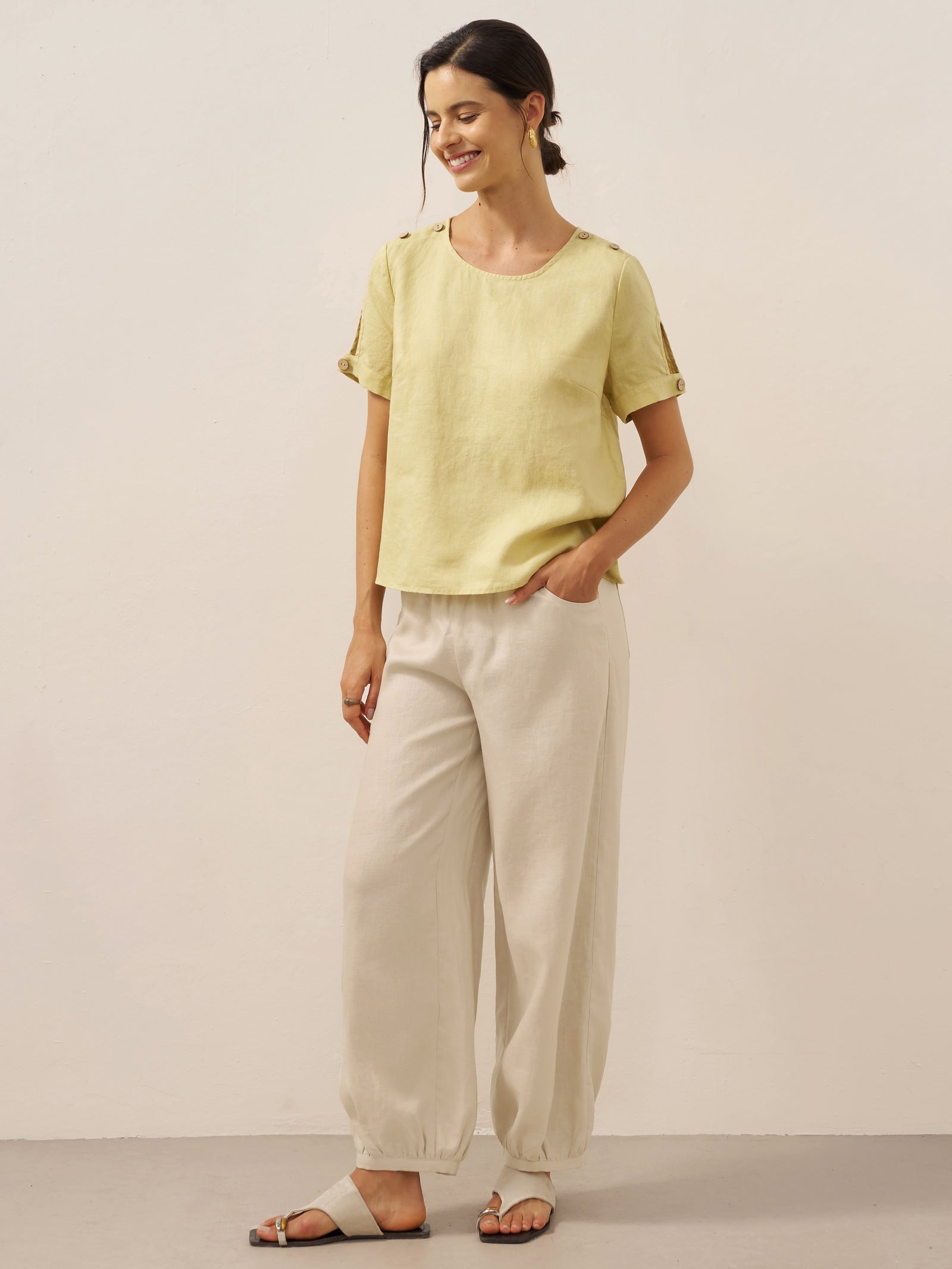 100% Leinen Ösen Kurzarm Pullover Top ADA