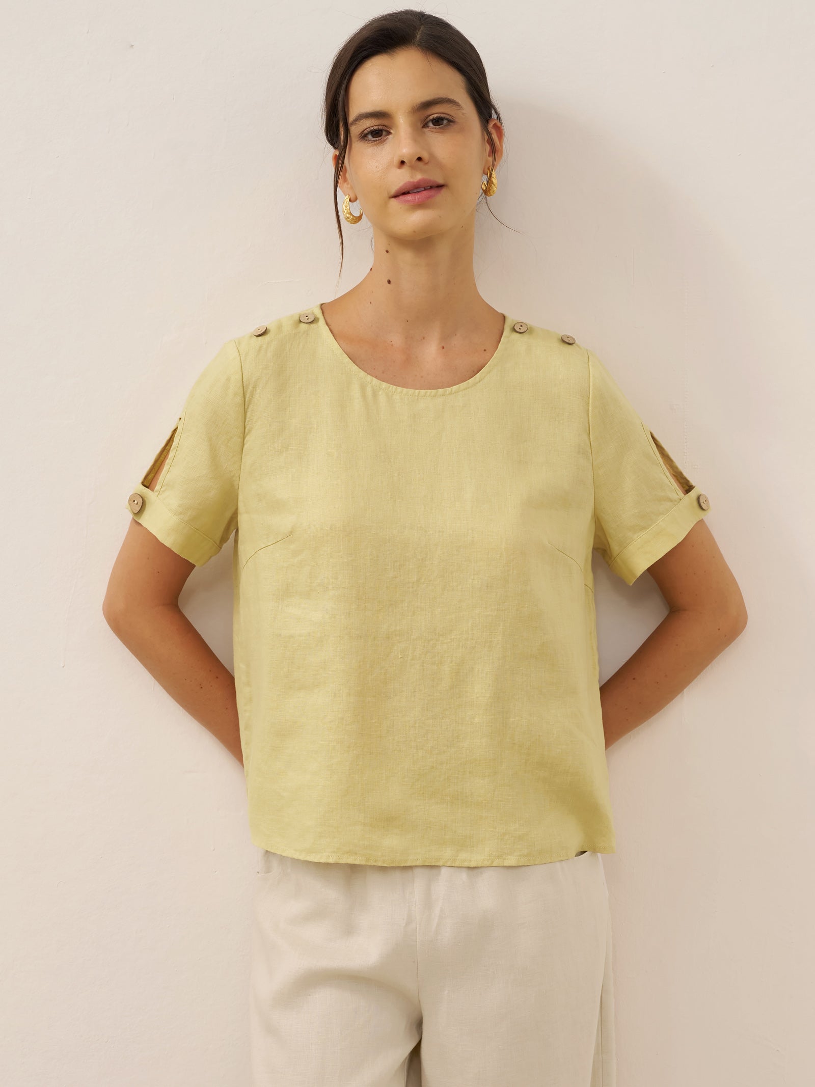 100% Leinen Ösen Kurzarm Pullover Top ADA