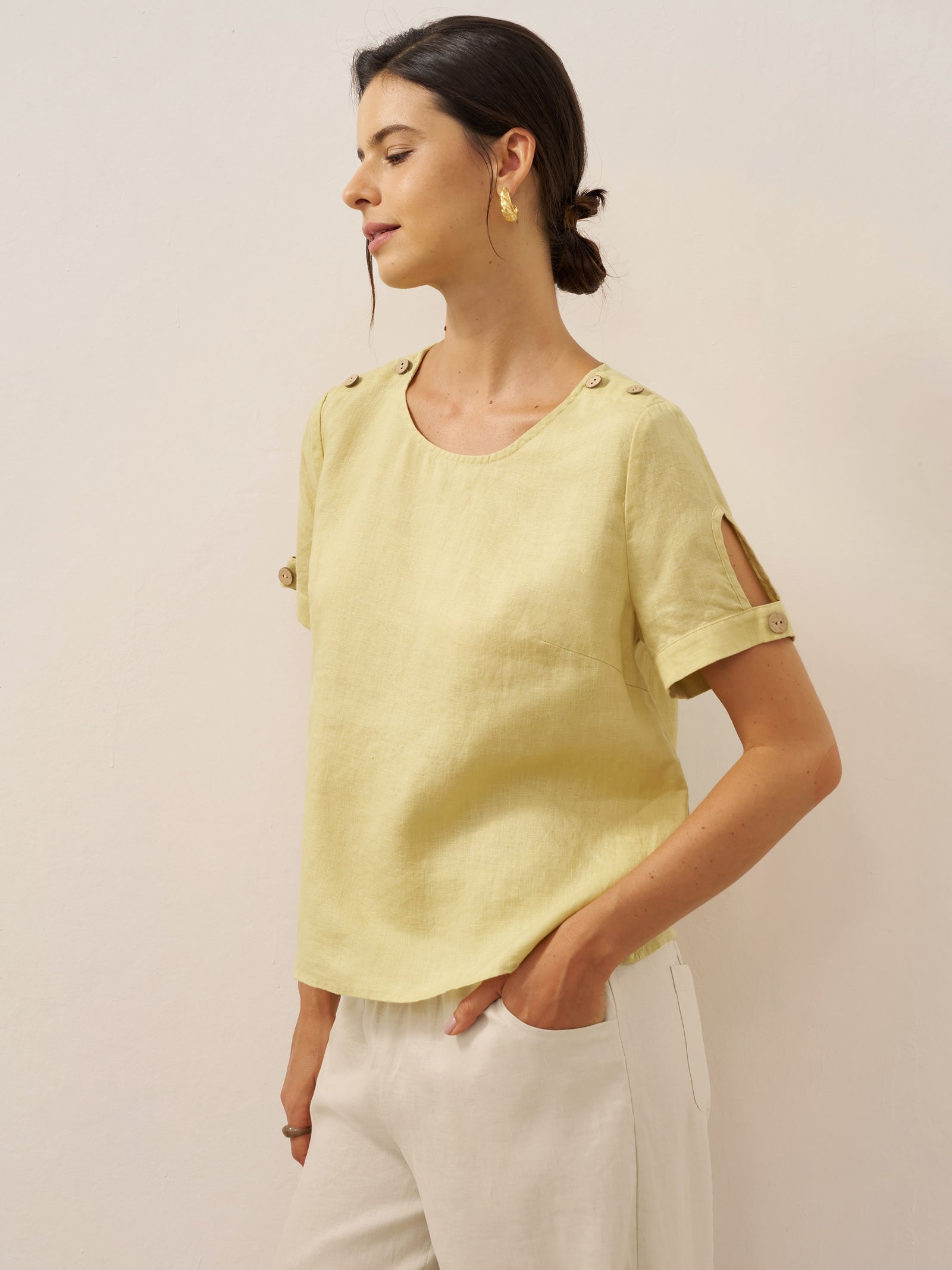 100% Leinen Ösen Kurzarm Pullover Top ADA
