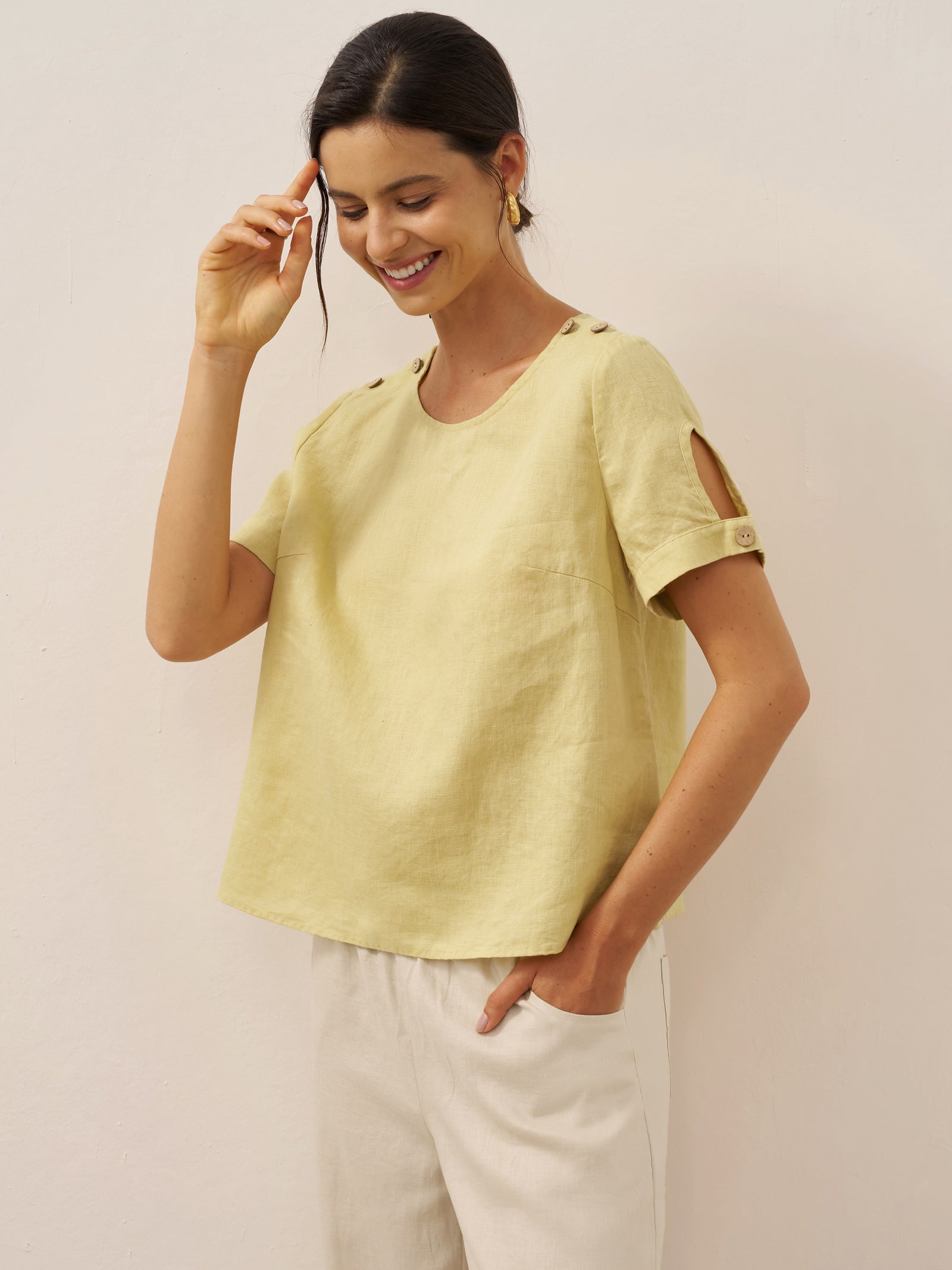 100% Leinen Ösen Kurzarm Pullover Top ADA