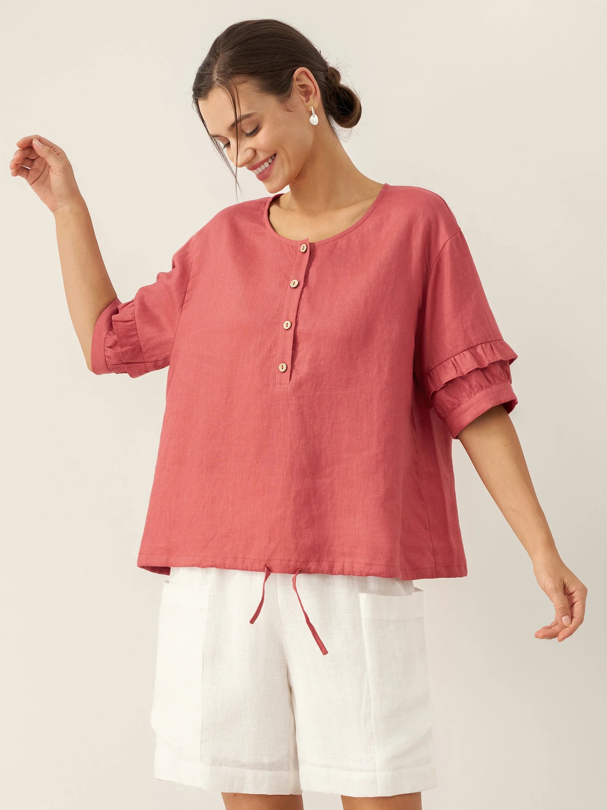 100% Leinen Flatterärmel Kordelzug Top ZOEY
