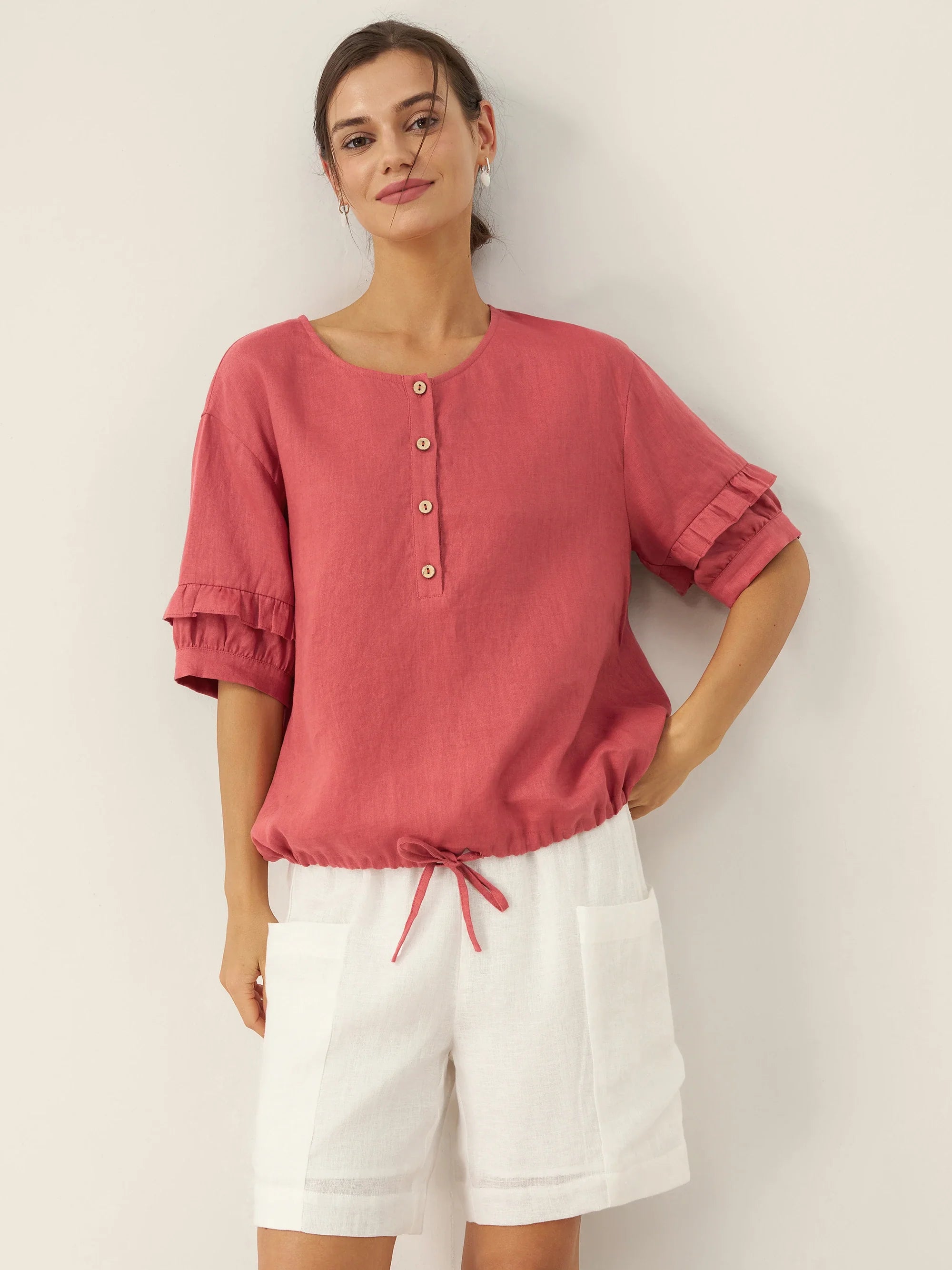 100% Leinen Flatterärmel Kordelzug Top ZOEY