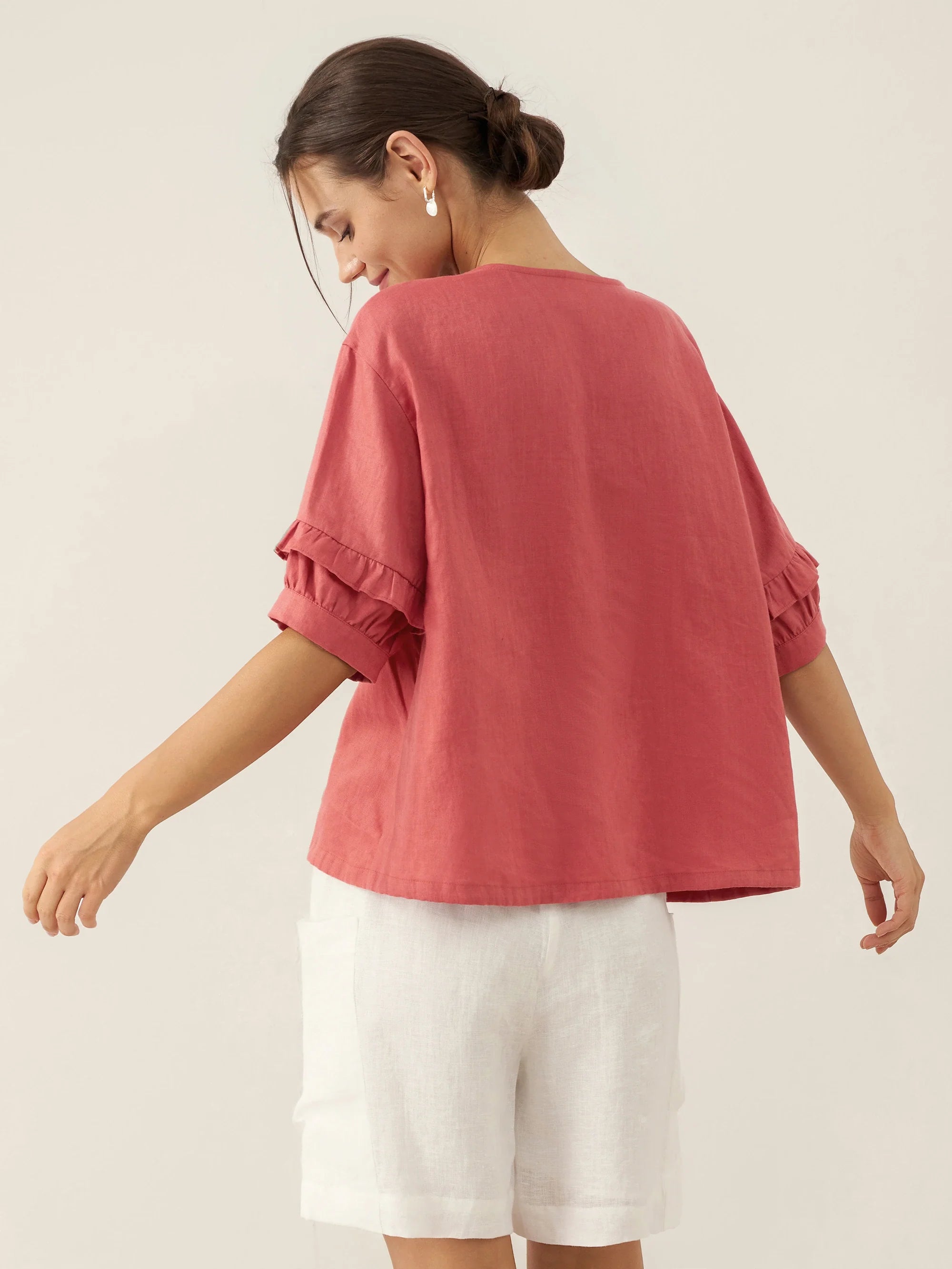 100% Leinen Flatterärmel Kordelzug Top ZOEY