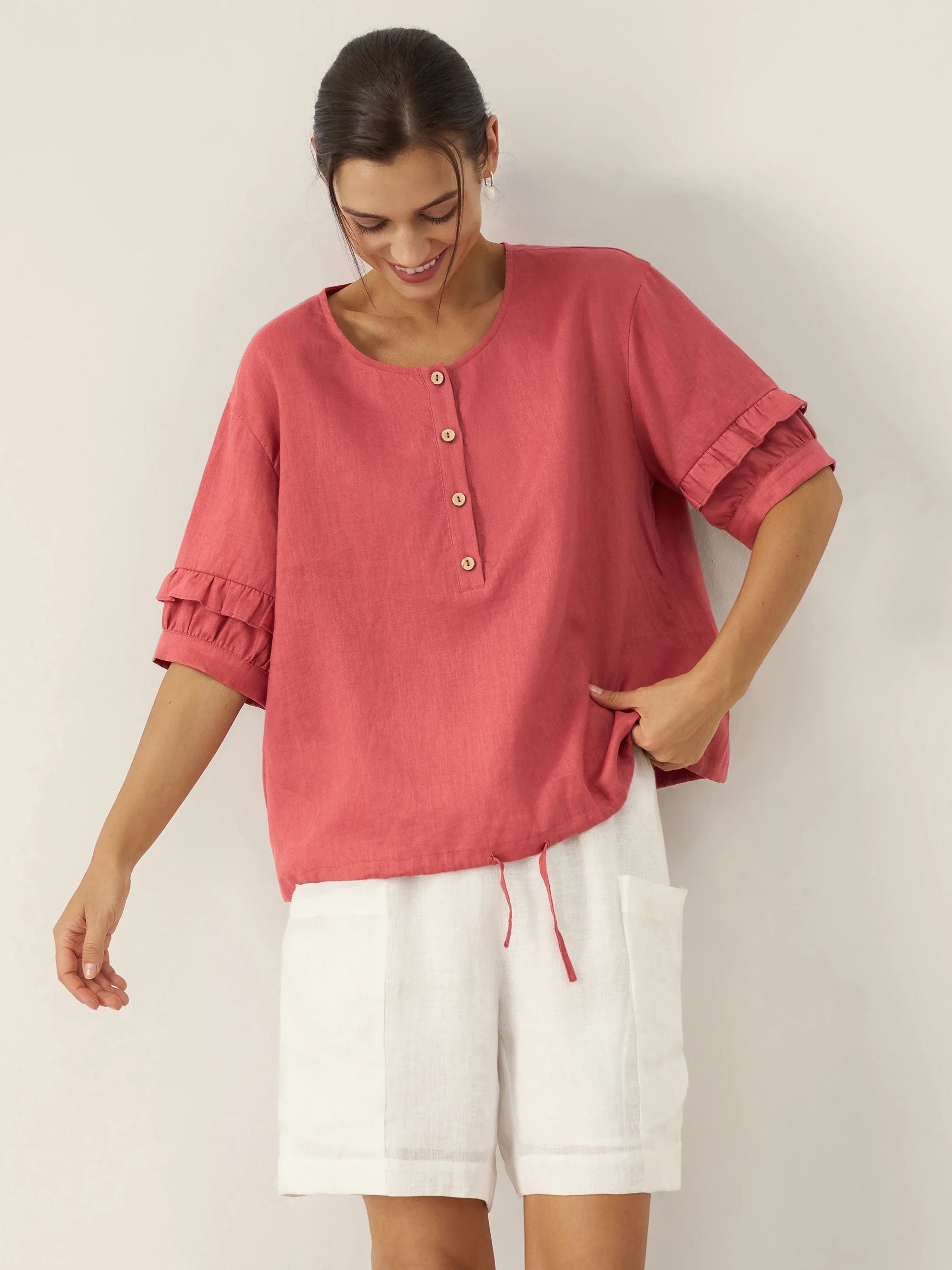 100% Leinen Flatterärmel Kordelzug Top ZOEY