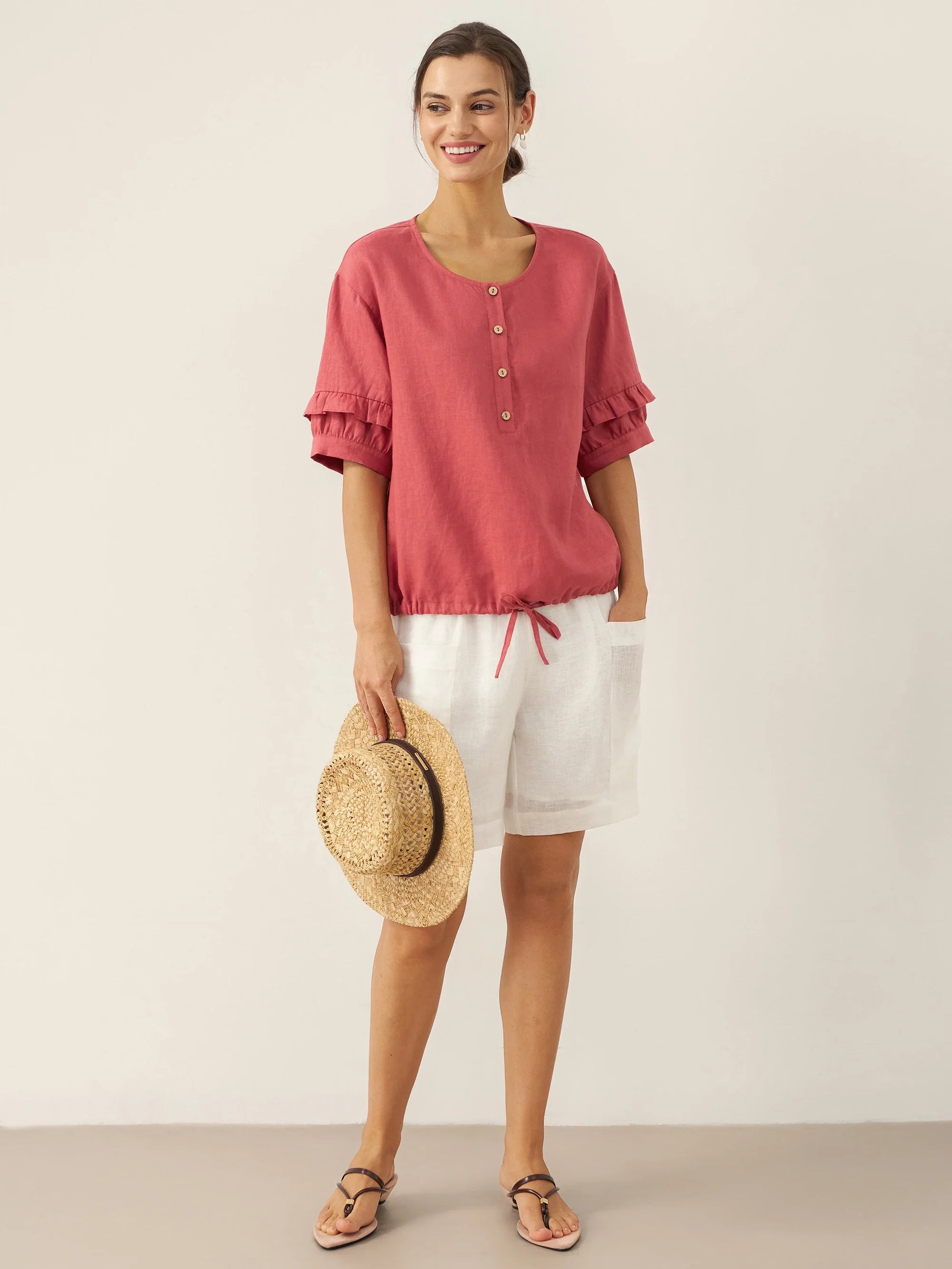 100% Leinen Flatterärmel Kordelzug Top ZOEY