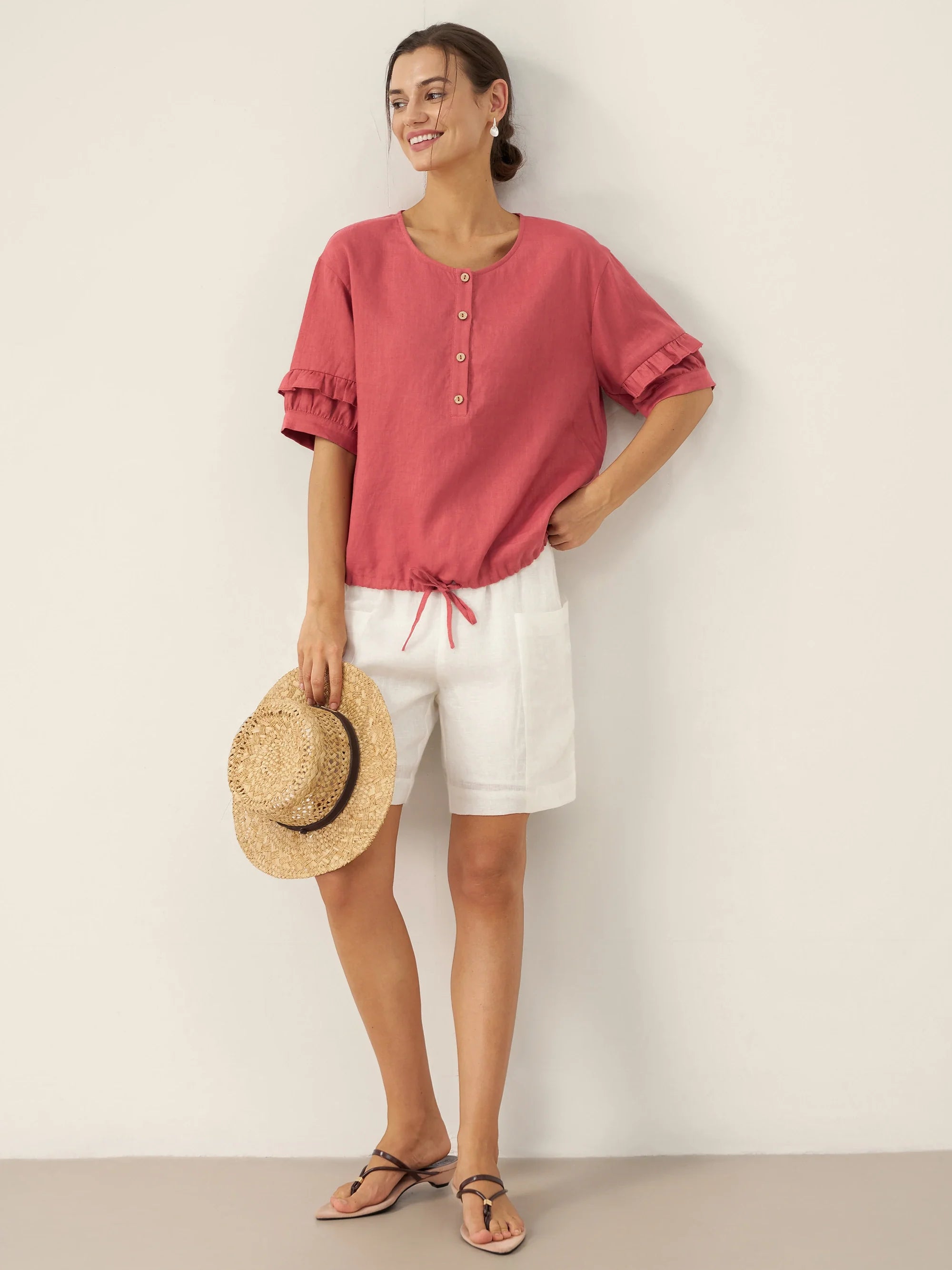 100% Leinen Flatterärmel Kordelzug Top ZOEY