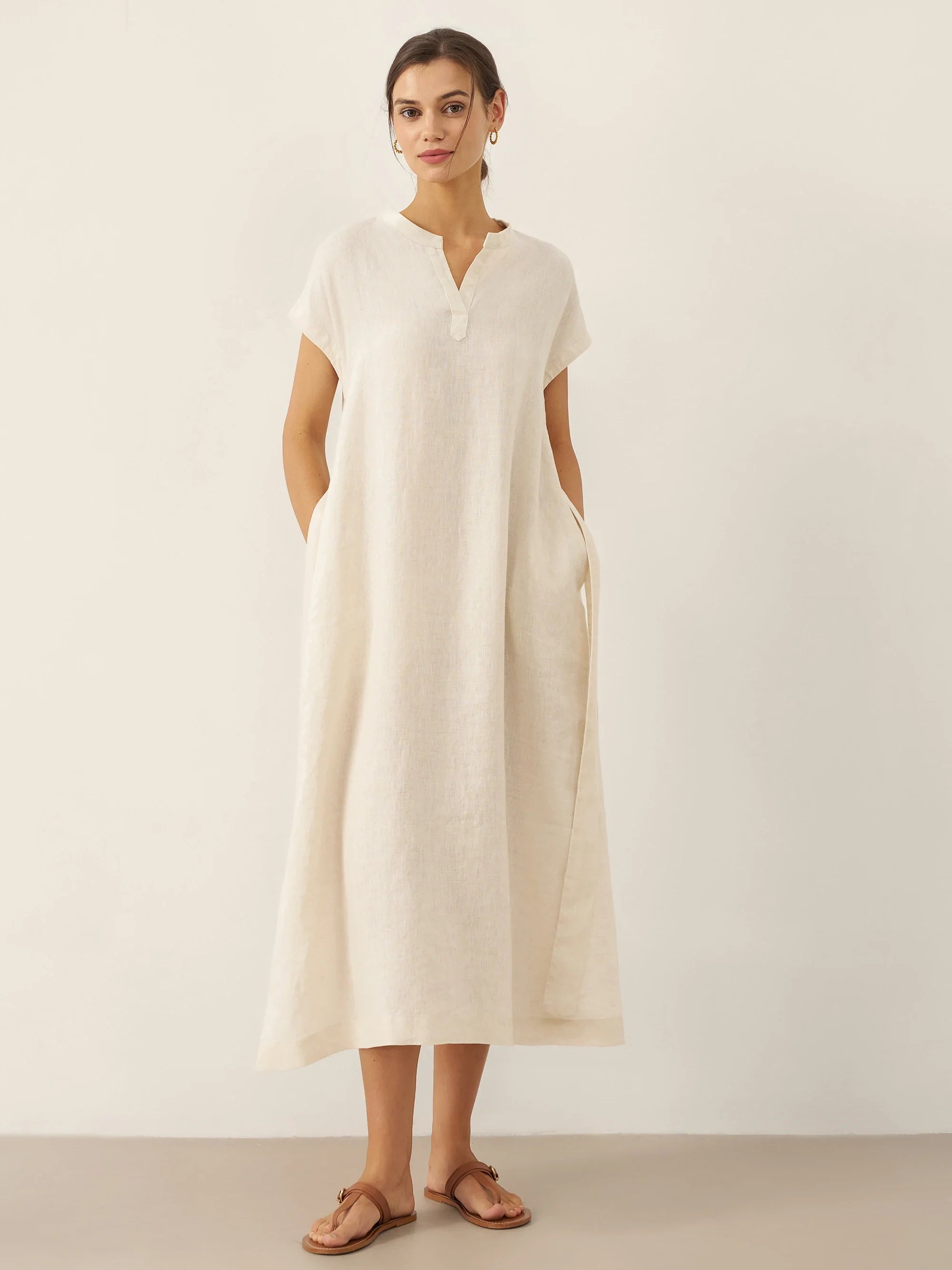 100% Leinen Mandarin-Kragen Maxikleid mit abnehmbarem Gürtel MARGARET