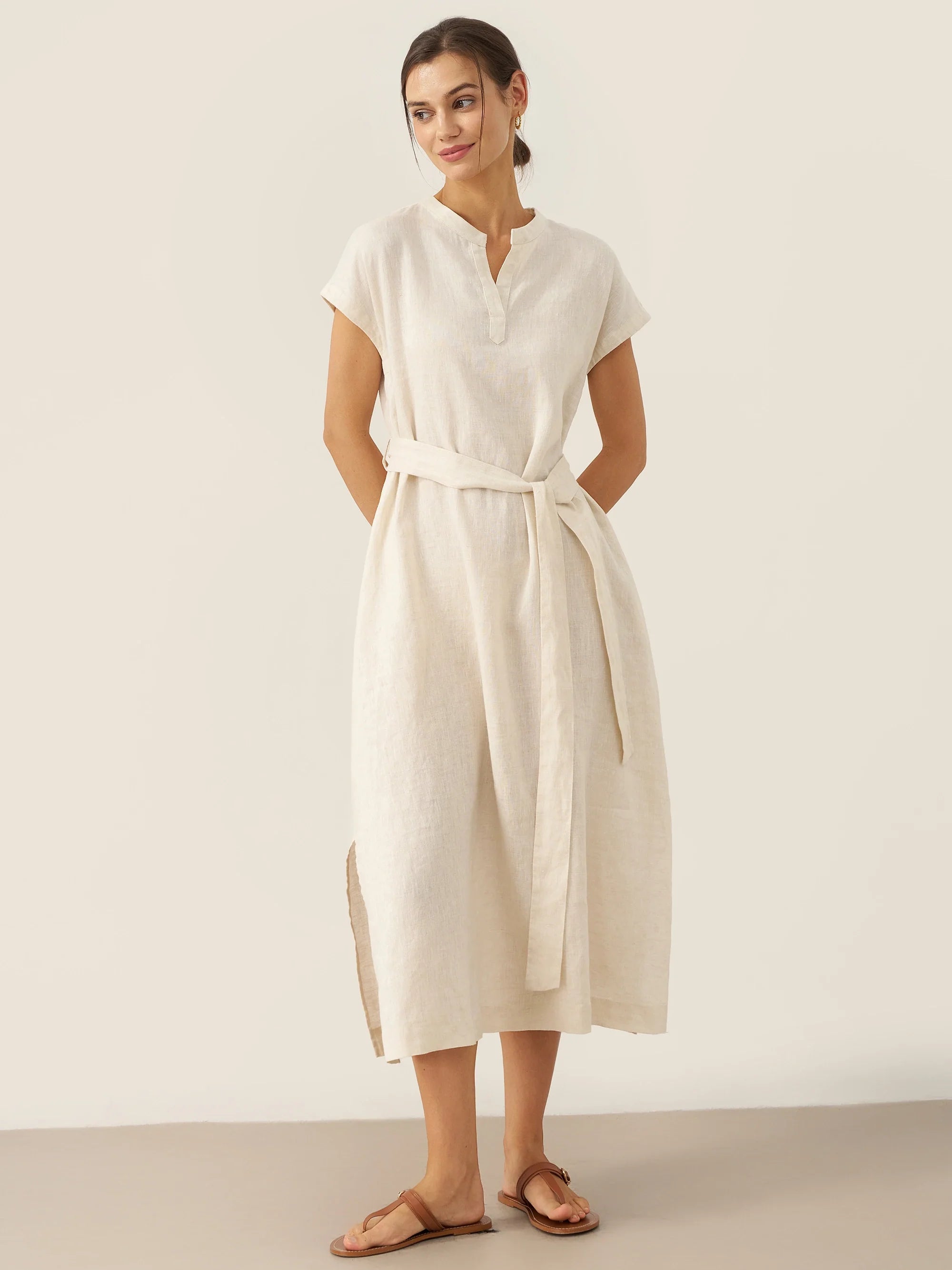 100% Leinen Mandarin-Kragen Maxikleid mit abnehmbarem Gürtel MARGARET