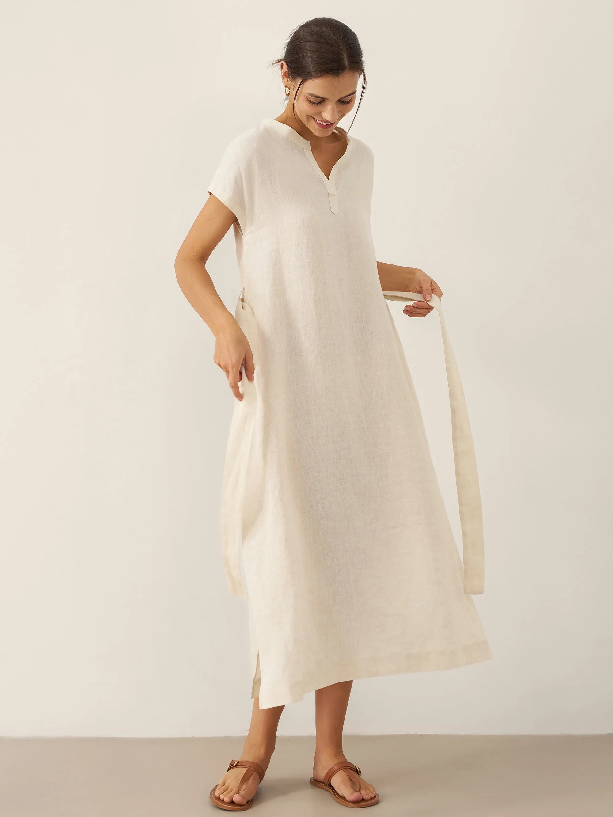 100% Leinen Mandarin-Kragen Maxikleid mit abnehmbarem Gürtel MARGARET