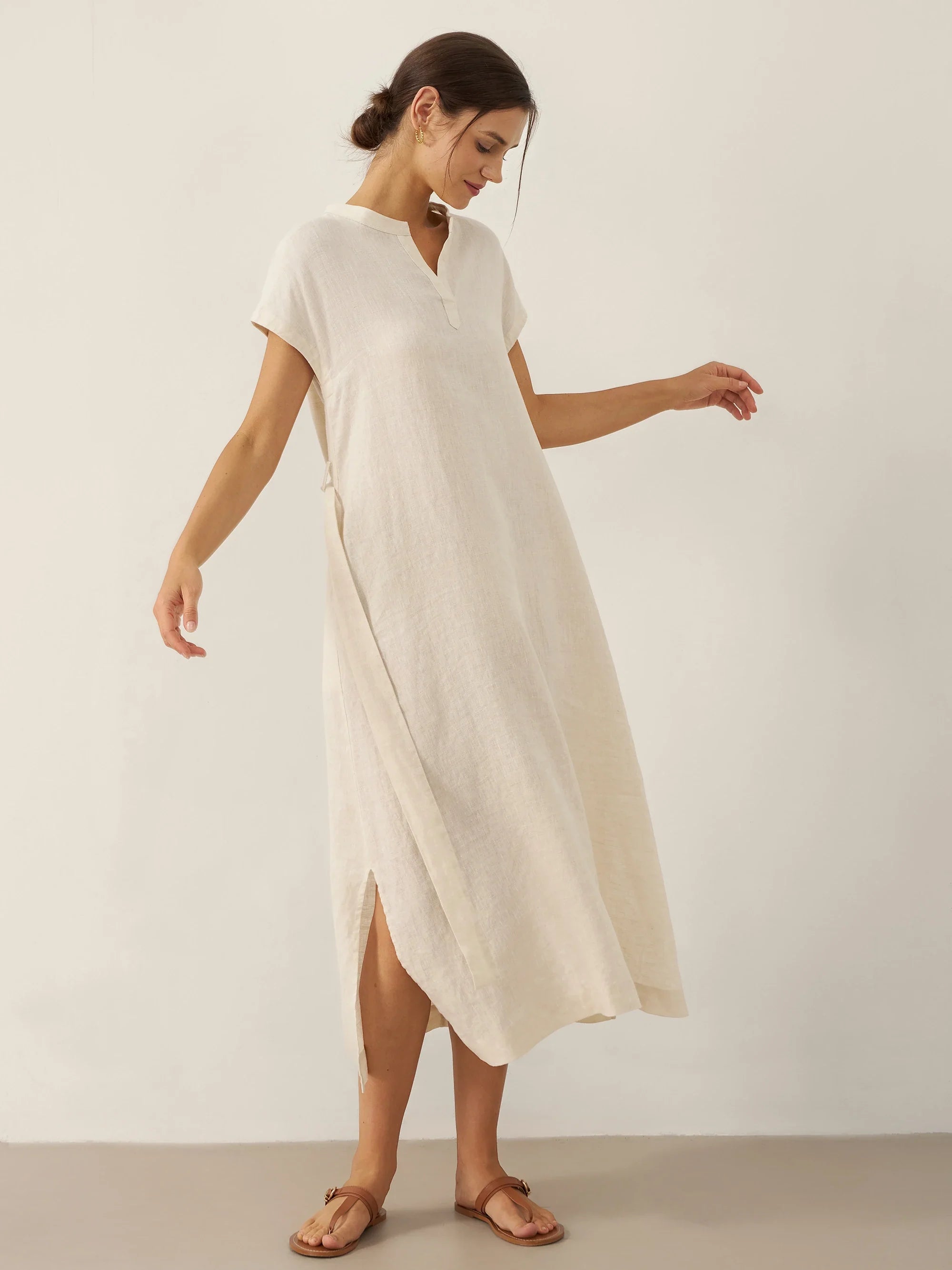 100% Leinen Mandarin-Kragen Maxikleid mit abnehmbarem Gürtel MARGARET