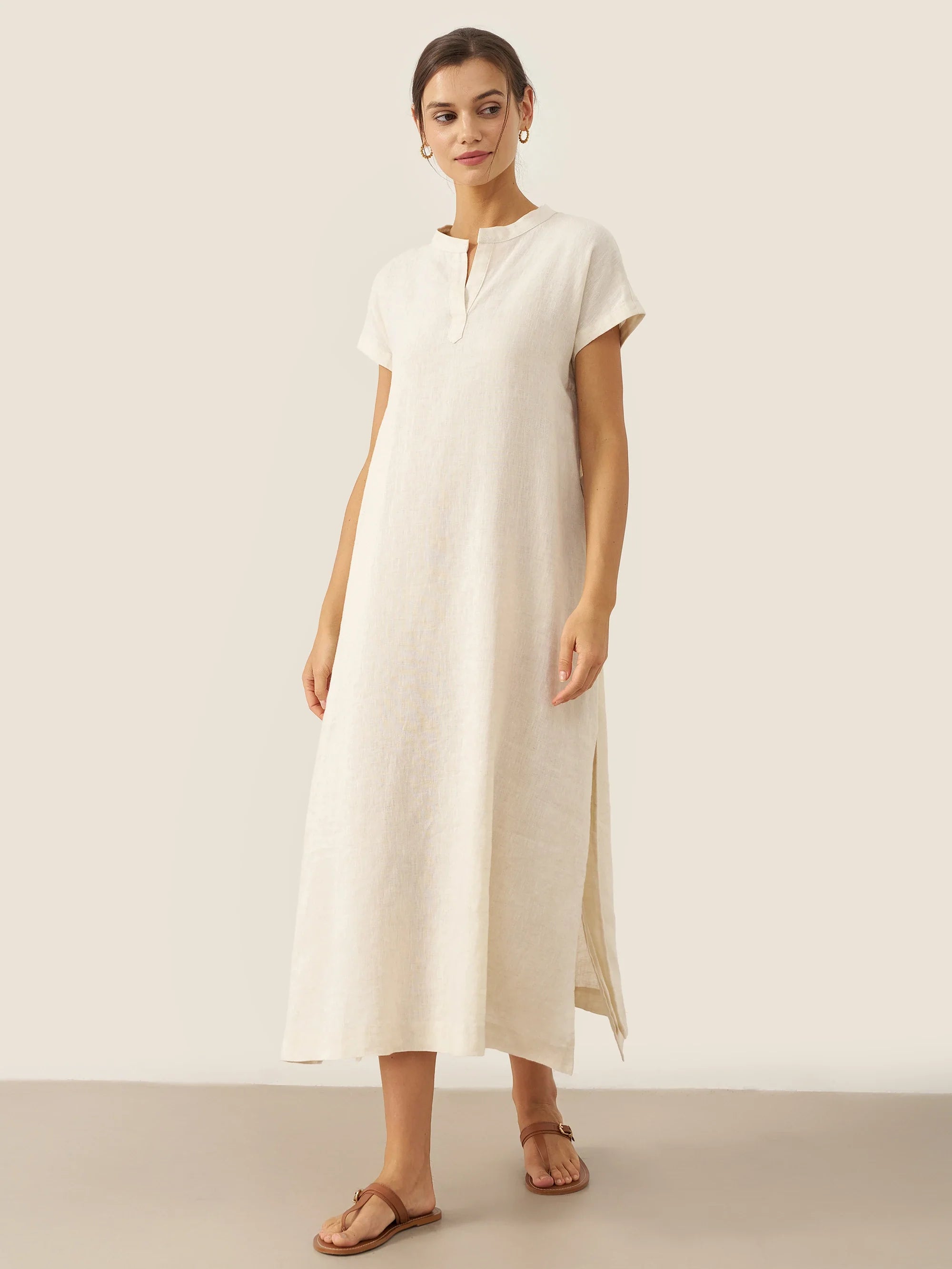 100% Leinen Mandarin-Kragen Maxikleid mit abnehmbarem Gürtel MARGARET