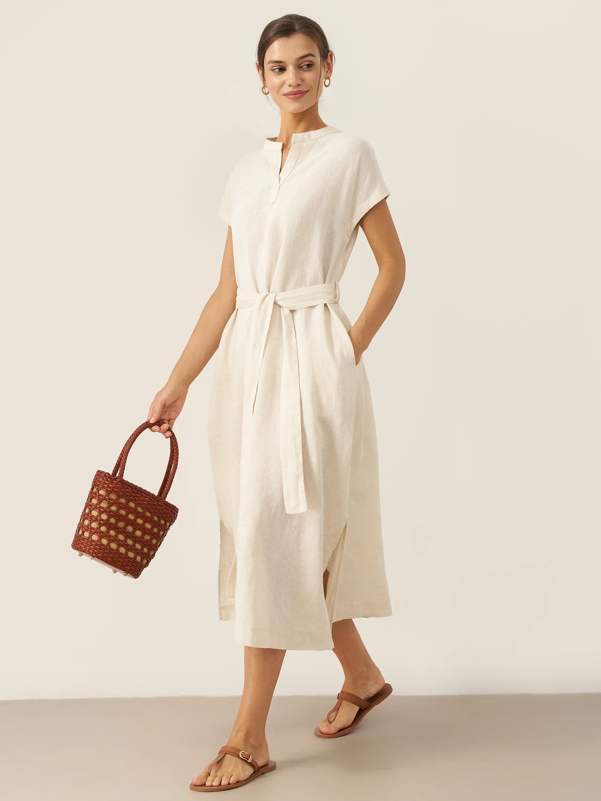 100% Leinen Mandarin-Kragen Maxikleid mit abnehmbarem Gürtel MARGARET