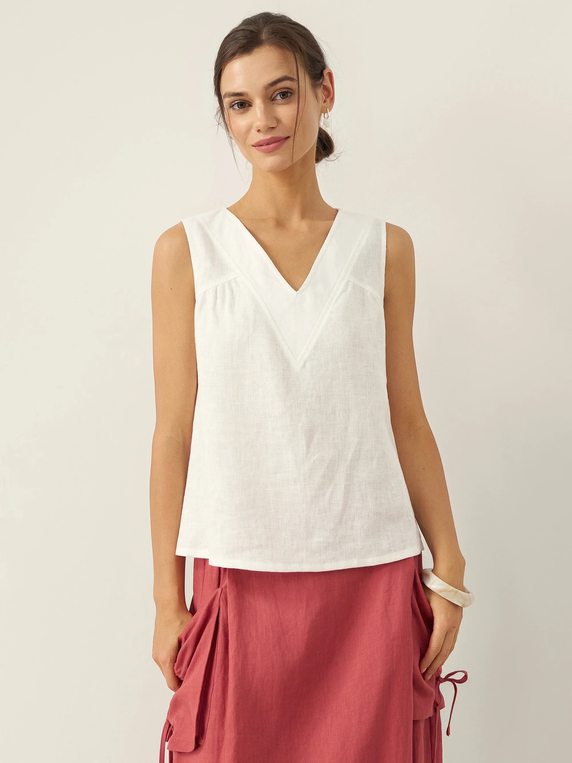 100% Leinen V-Ausschnitt Ärmelloses Tanktop NICOLE