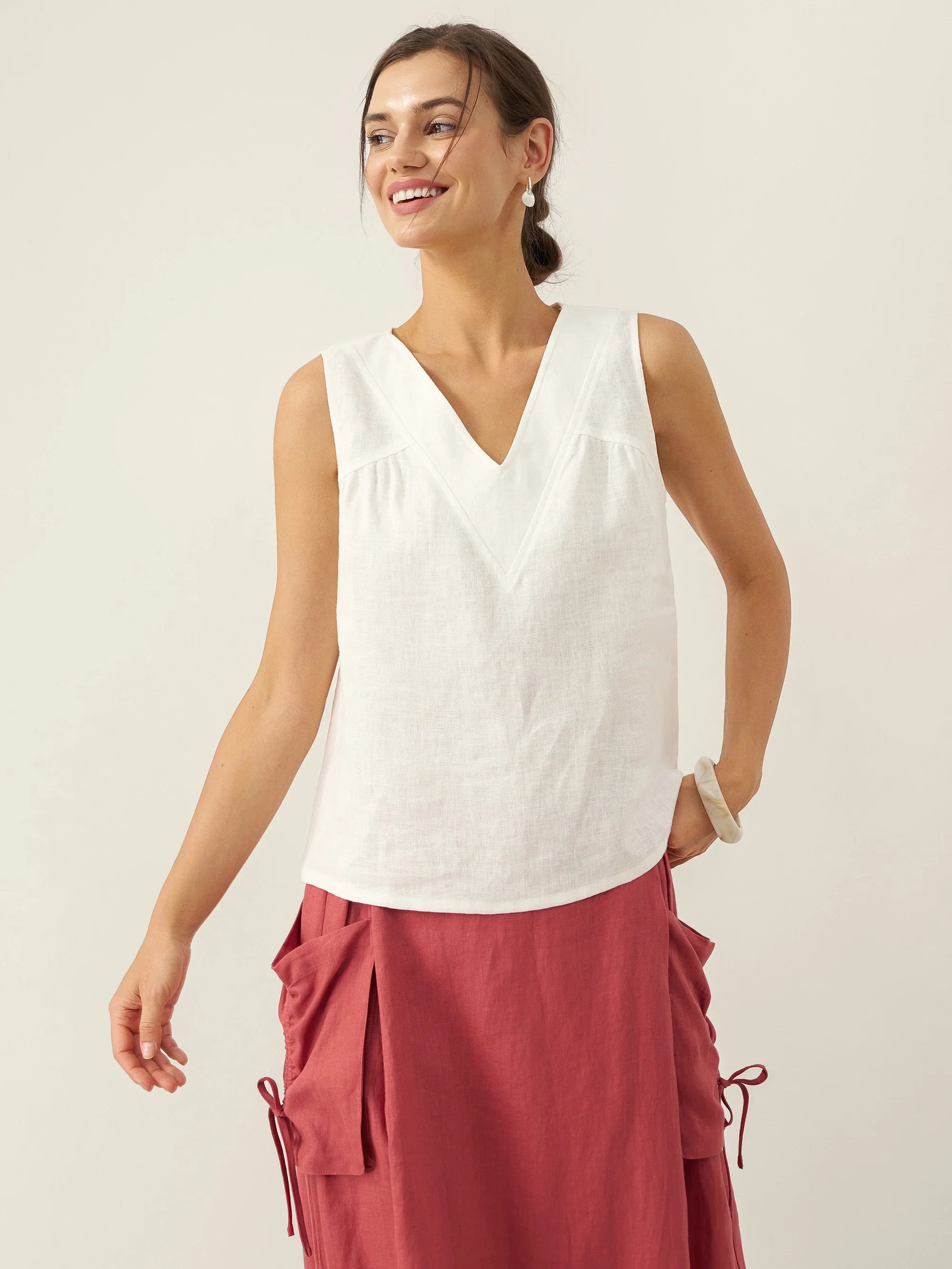 100% Leinen V-Ausschnitt Ärmelloses Tanktop NICOLE