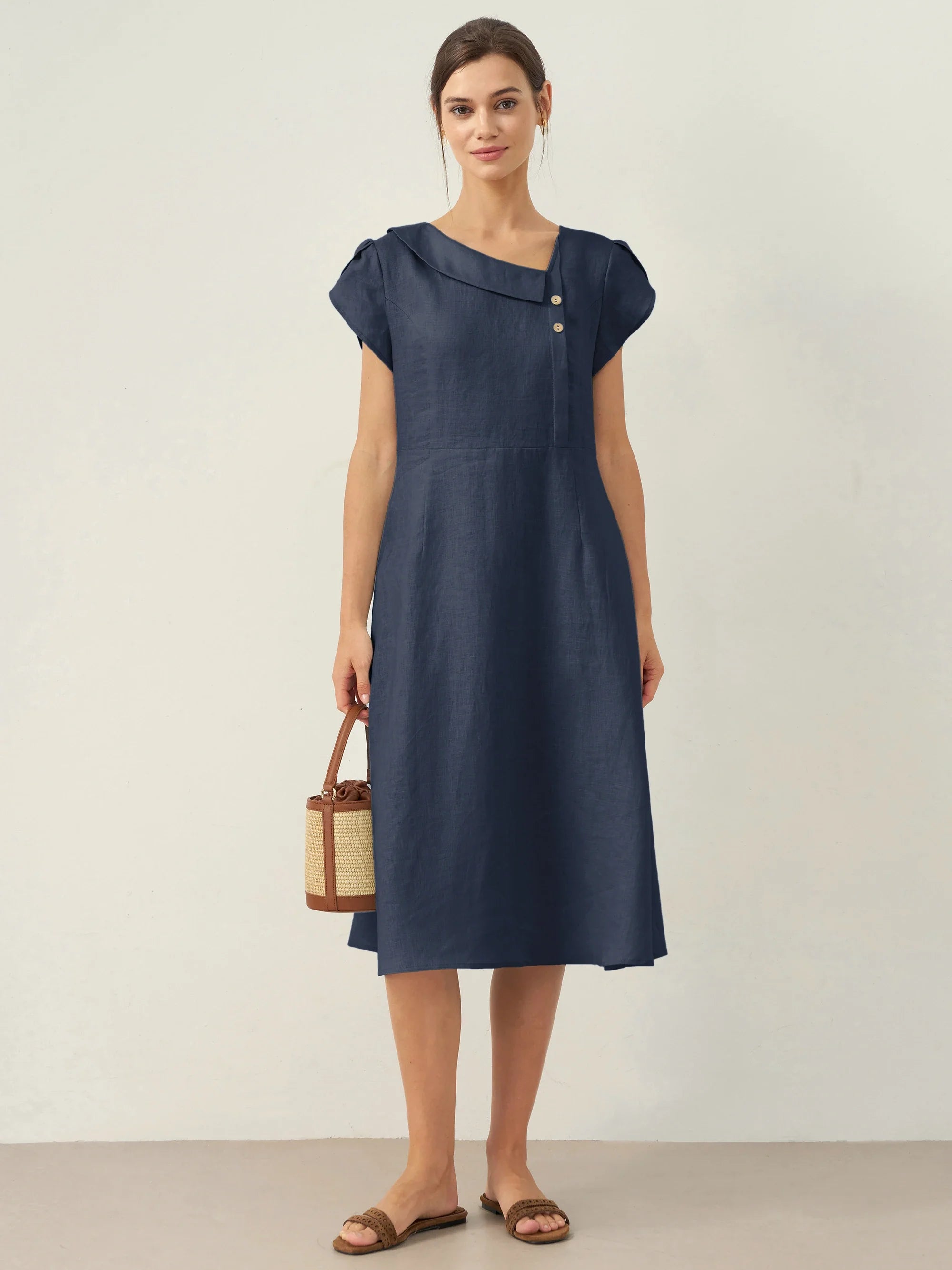 100% Leinen Halbmondkragen Flatterärmel Midi Kleid FIONA