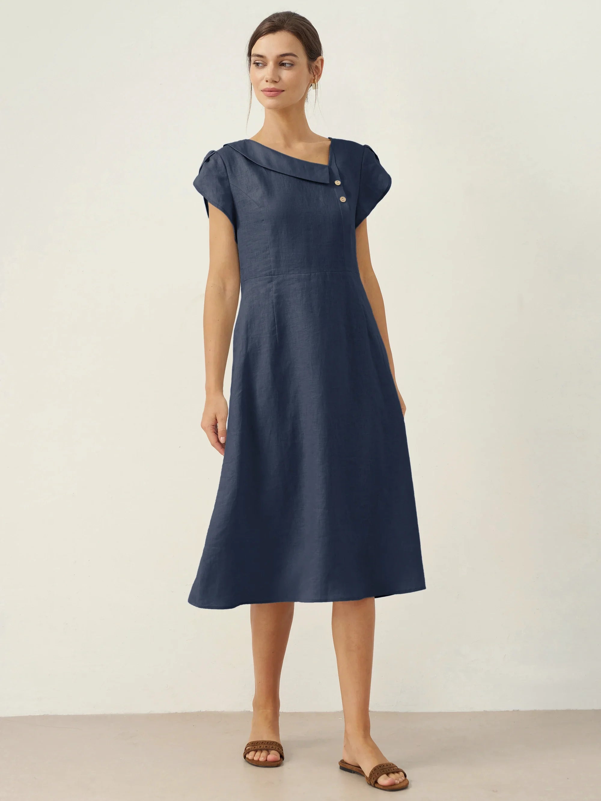 100% Leinen Halbmondkragen Flatterärmel Midi Kleid FIONA